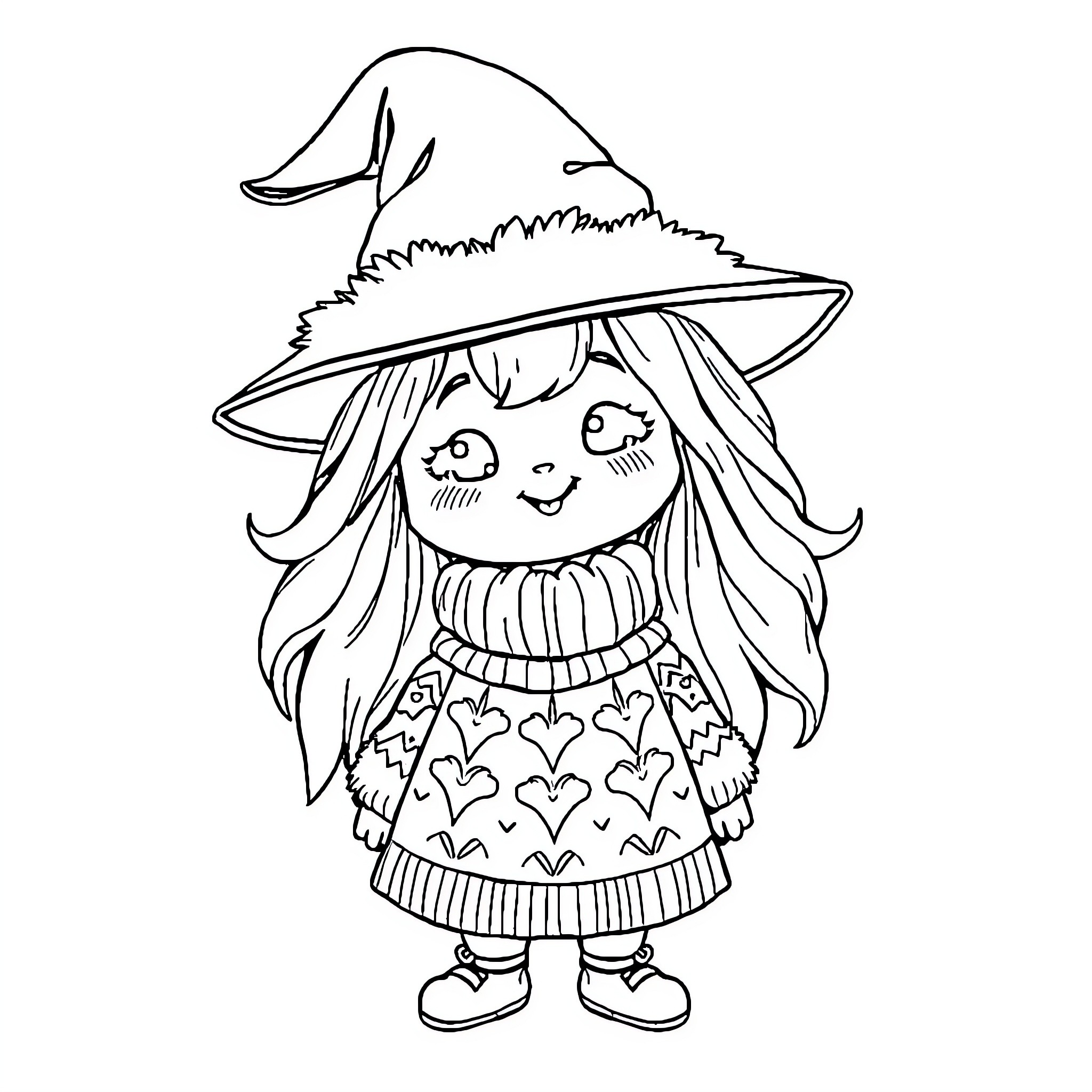 Witch in a whimsical outfit with a cheerful expression Coloring Page (free black-and-white line drawing printable PDF for all, from beginners to advanced learners, including children, teens, adults, and seniors)
