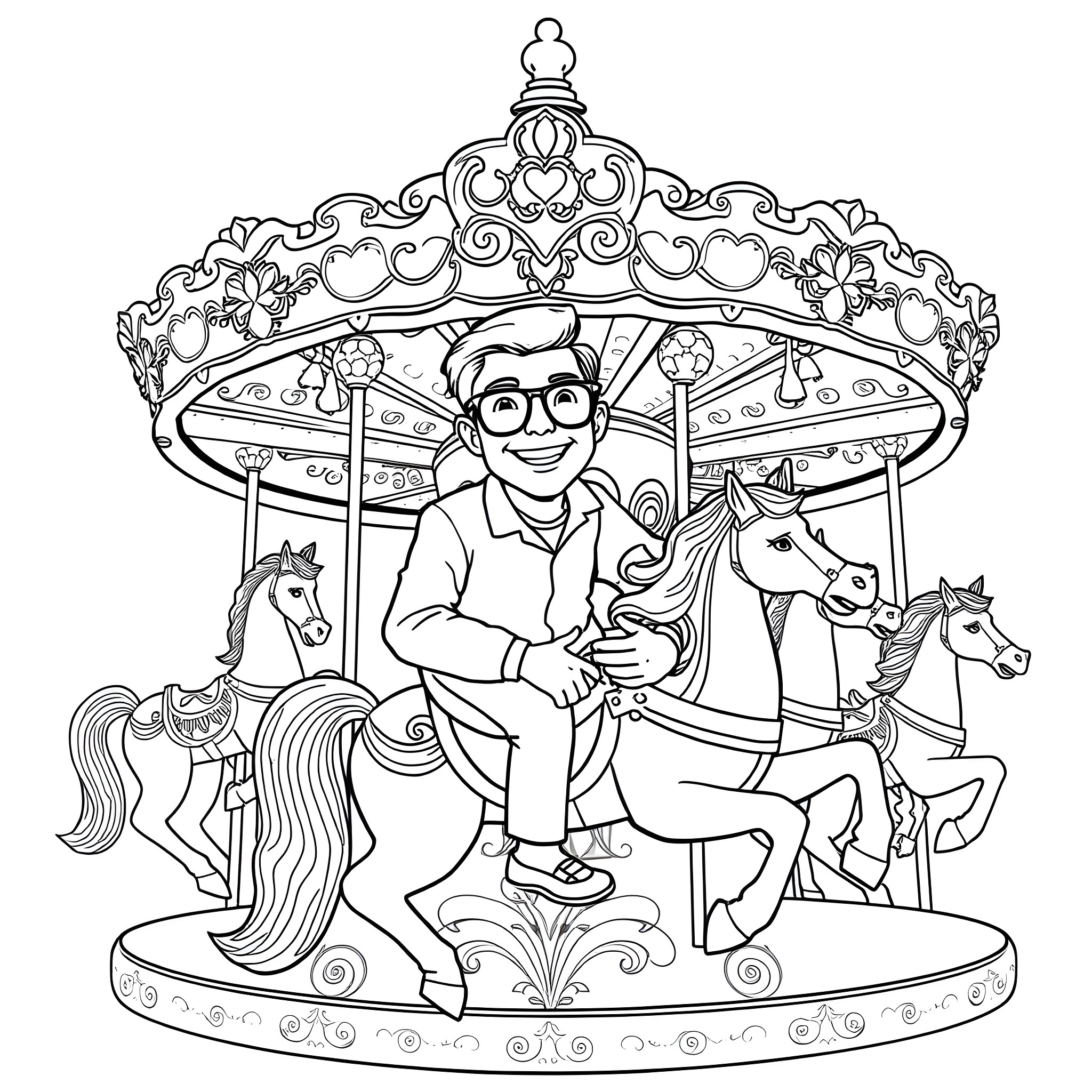 Man enjoying a ride on the carousel with horses Coloring Page (free black-and-white line drawing printable PDF for all, from beginners to advanced learners, including children, teens, adults, and seniors)