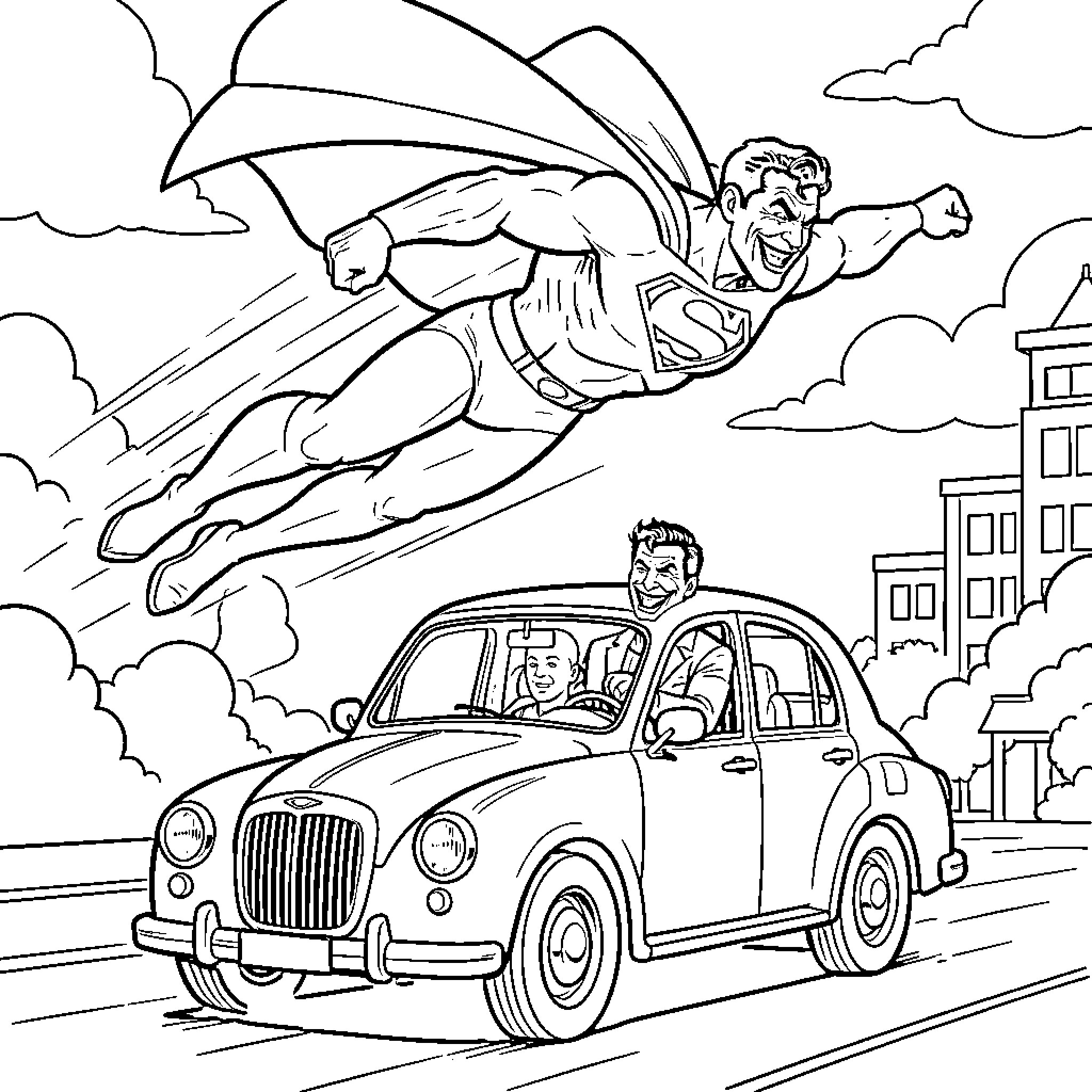 Superman swooping down to save civilians in a car Coloring Page (free black-and-white line drawing printable PDF for all, from beginners to advanced learners, including children, teens, adults, and seniors)