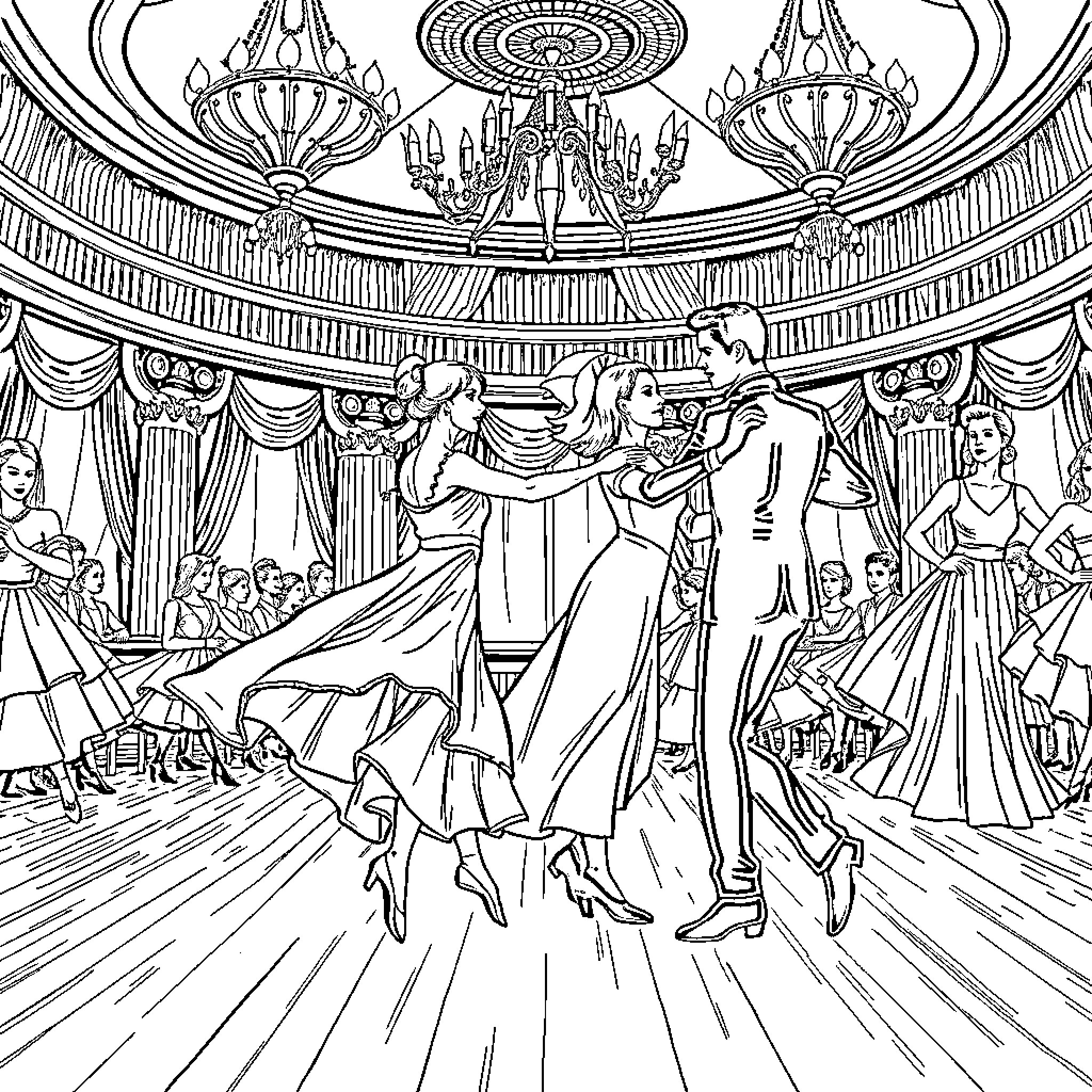 Ballroom of Elegant Dancers and Spectators Coloring Page (free black-and-white line drawing printable PDF for all, from beginners to advanced learners, including children, teens, adults, and seniors)