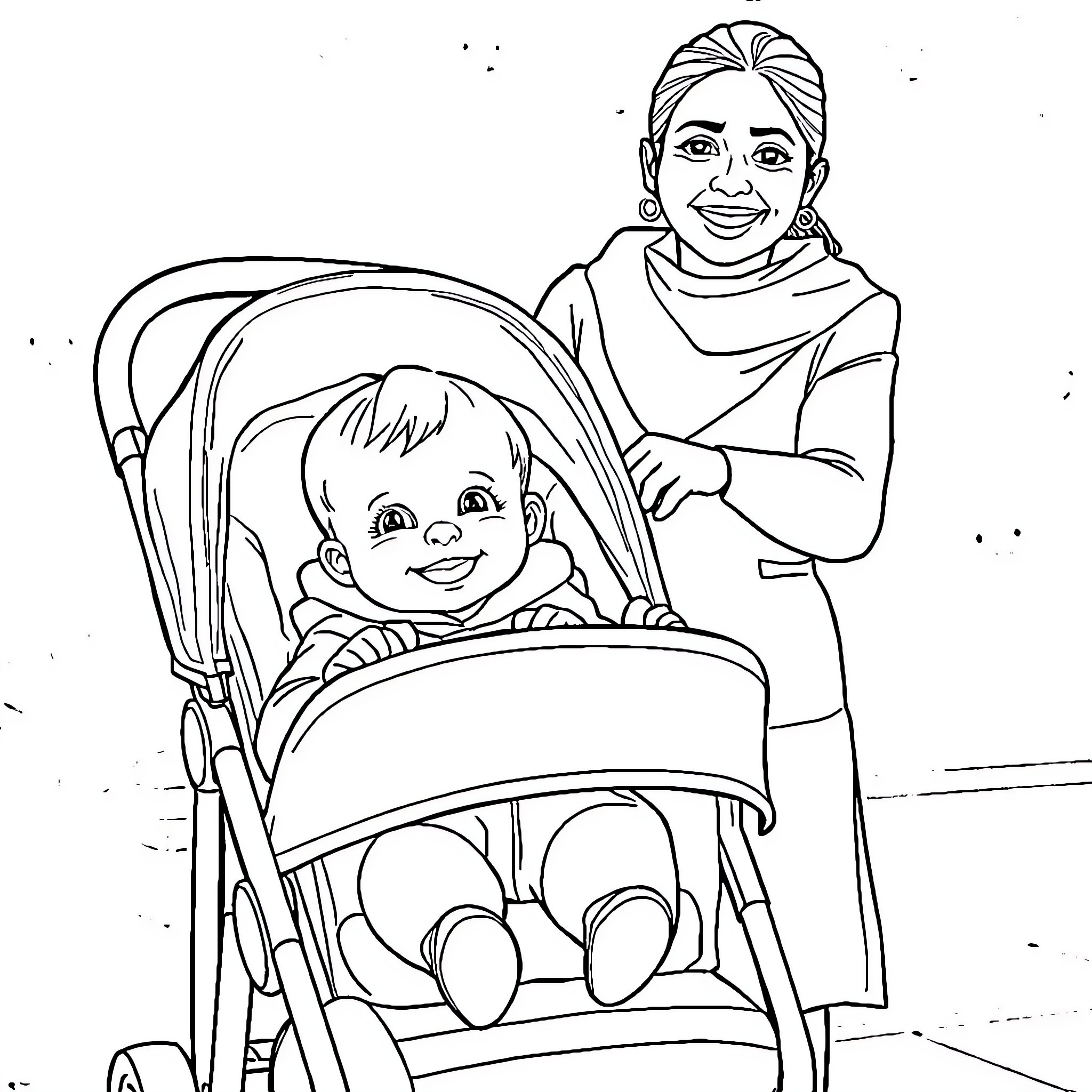 Baby riding in stroller with parent Coloring Page (free black-and-white line drawing printable PDF for all, from beginners to advanced learners, including children, teens, adults, and seniors)