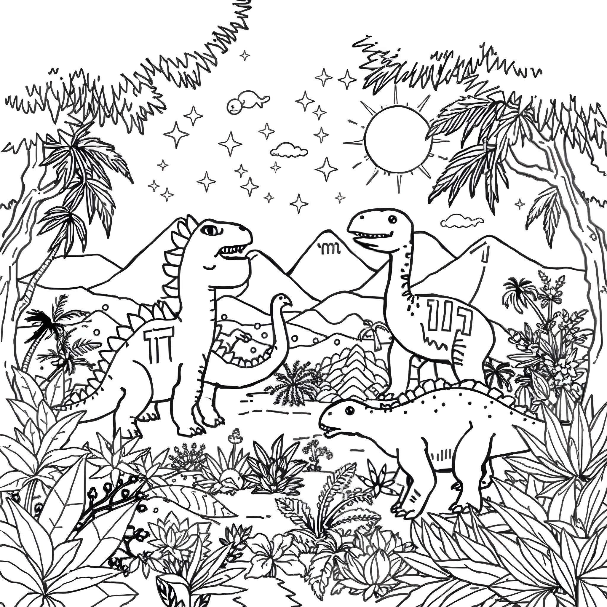 Dinosaurs frolicking in a lush prehistoric landscape Coloring Page (free black-and-white line drawing printable PDF for all, from beginners to advanced learners, including children, teens, adults, and seniors)