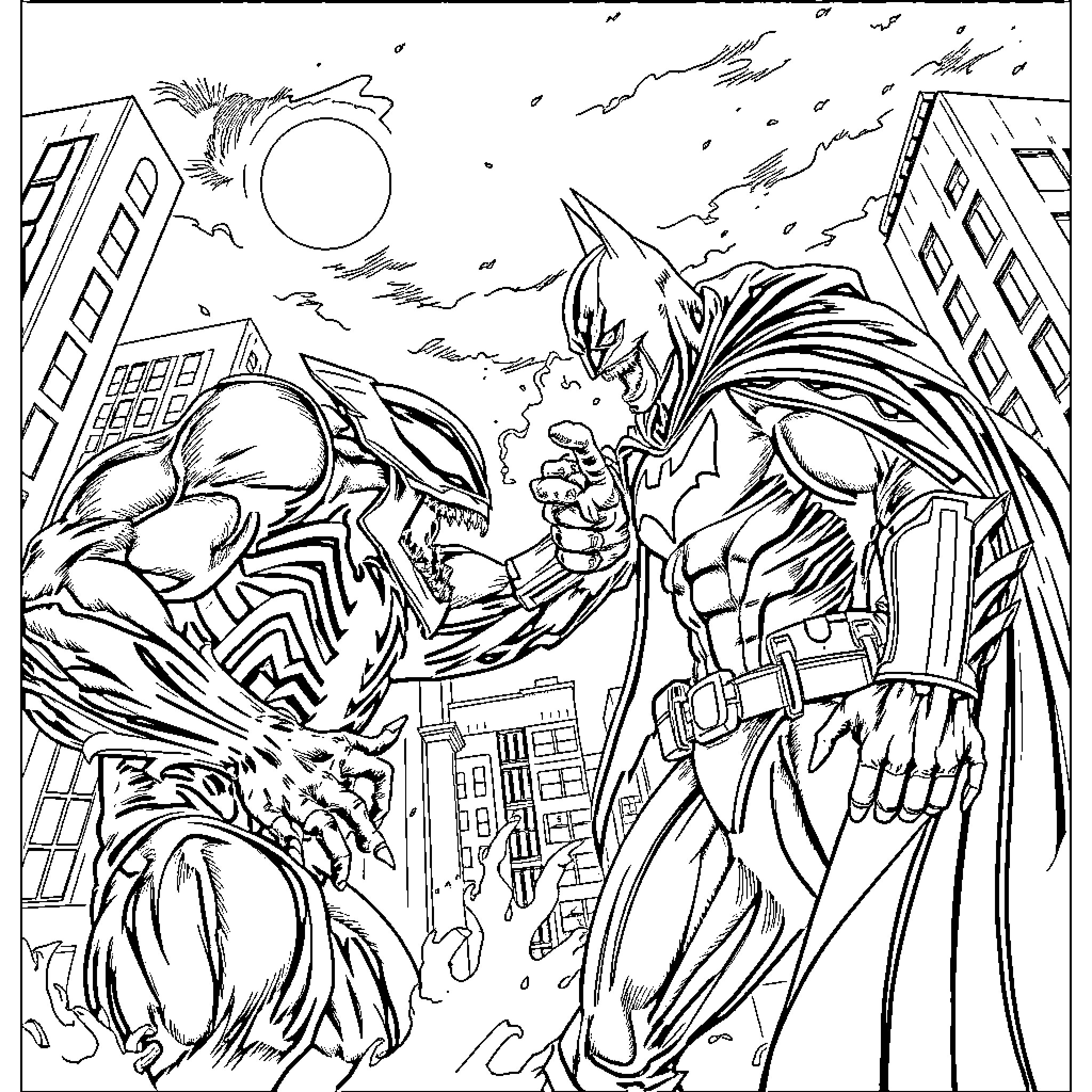 Venom clash with heroic figure in city Coloring Page (free black-and-white line drawing printable PDF for all, from beginners to advanced learners, including children, teens, adults, and seniors)