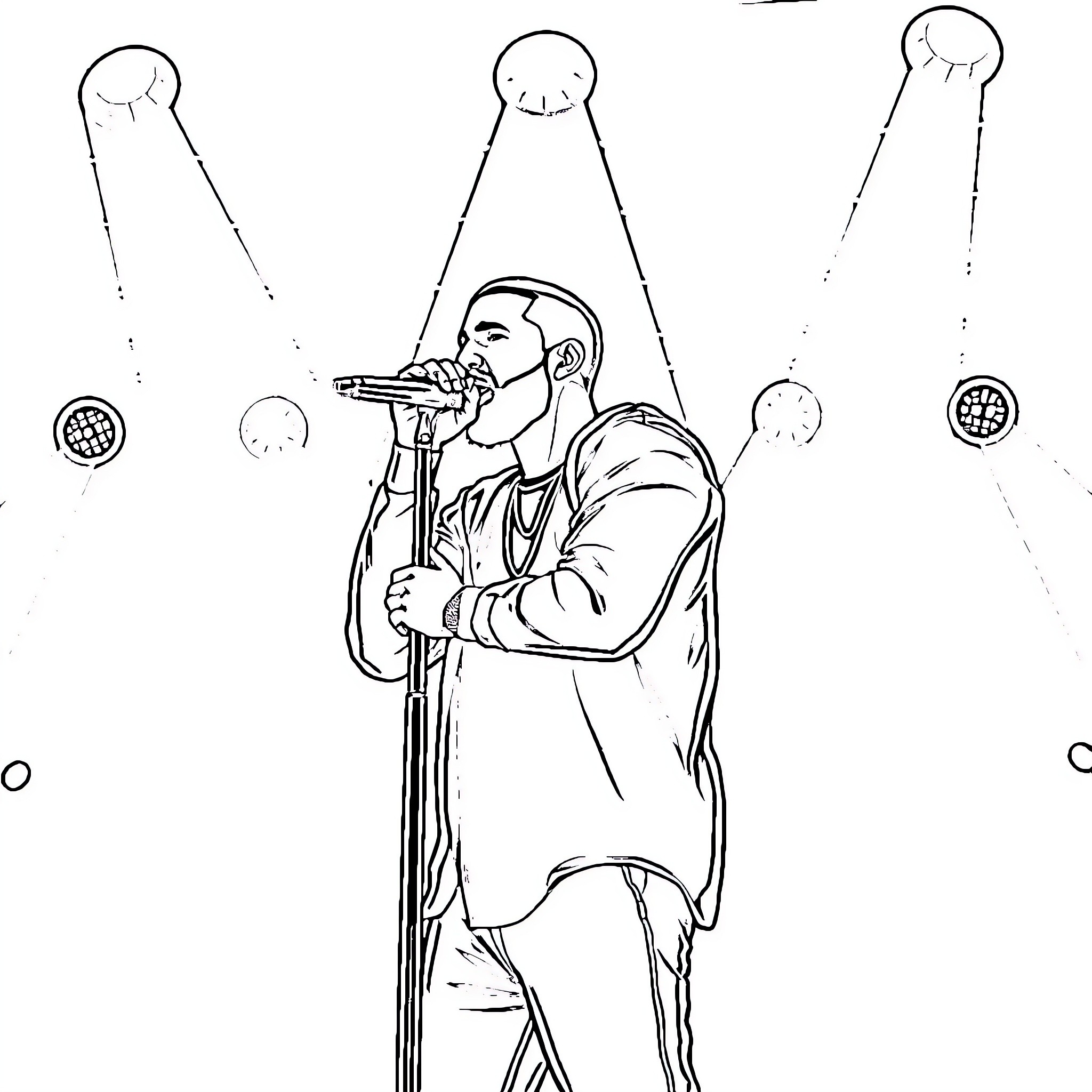 Drake performing on stage with spotlight Coloring Page (free black-and-white line drawing printable PDF for all, from beginners to advanced learners, including children, teens, adults, and seniors)
