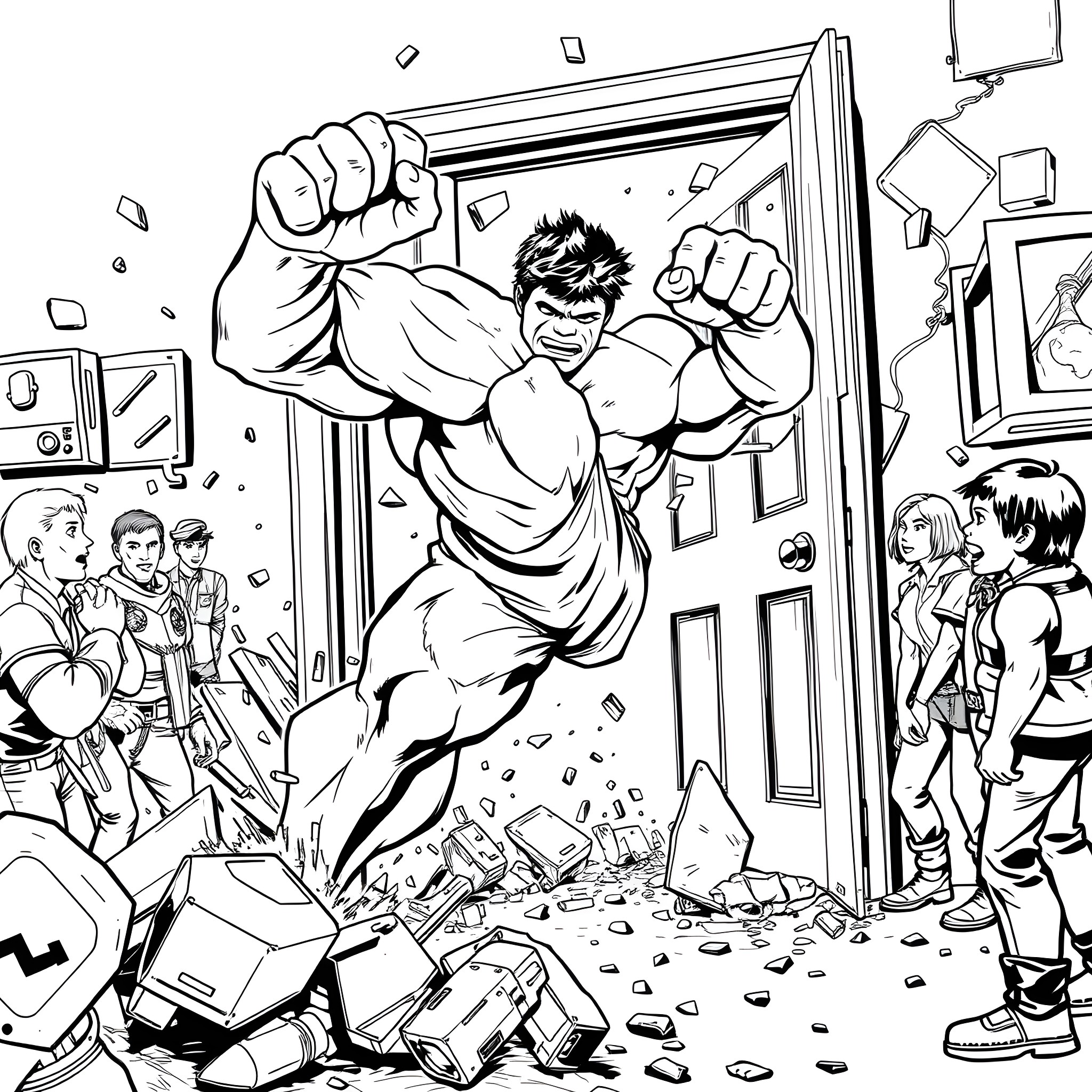Hulk bursts through a door, destroying the room Coloring Page (free black-and-white line drawing printable PDF for all, from beginners to advanced learners, including children, teens, adults, and seniors)
