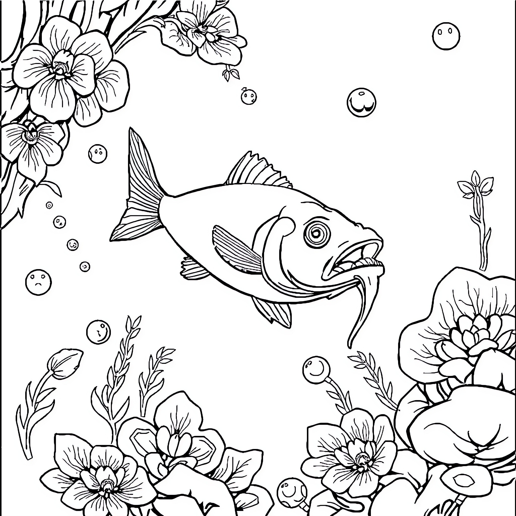 Fish swimming amidst floral underwater scene Coloring Page (free black-and-white line drawing printable PDF for all, from beginners to advanced learners, including children, teens, adults, and seniors)