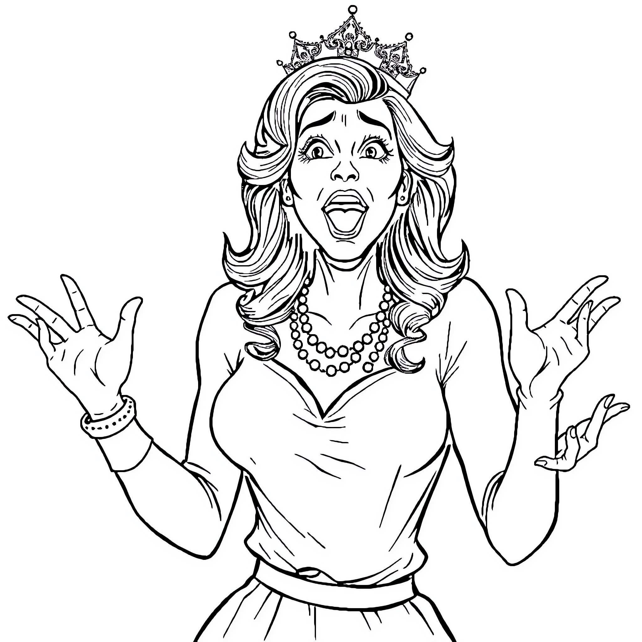 Drama Queen with Exaggerated Expressions and Attire Coloring Page (free black-and-white line drawing printable PDF for all, from beginners to advanced learners, including children, teens, adults, and seniors)