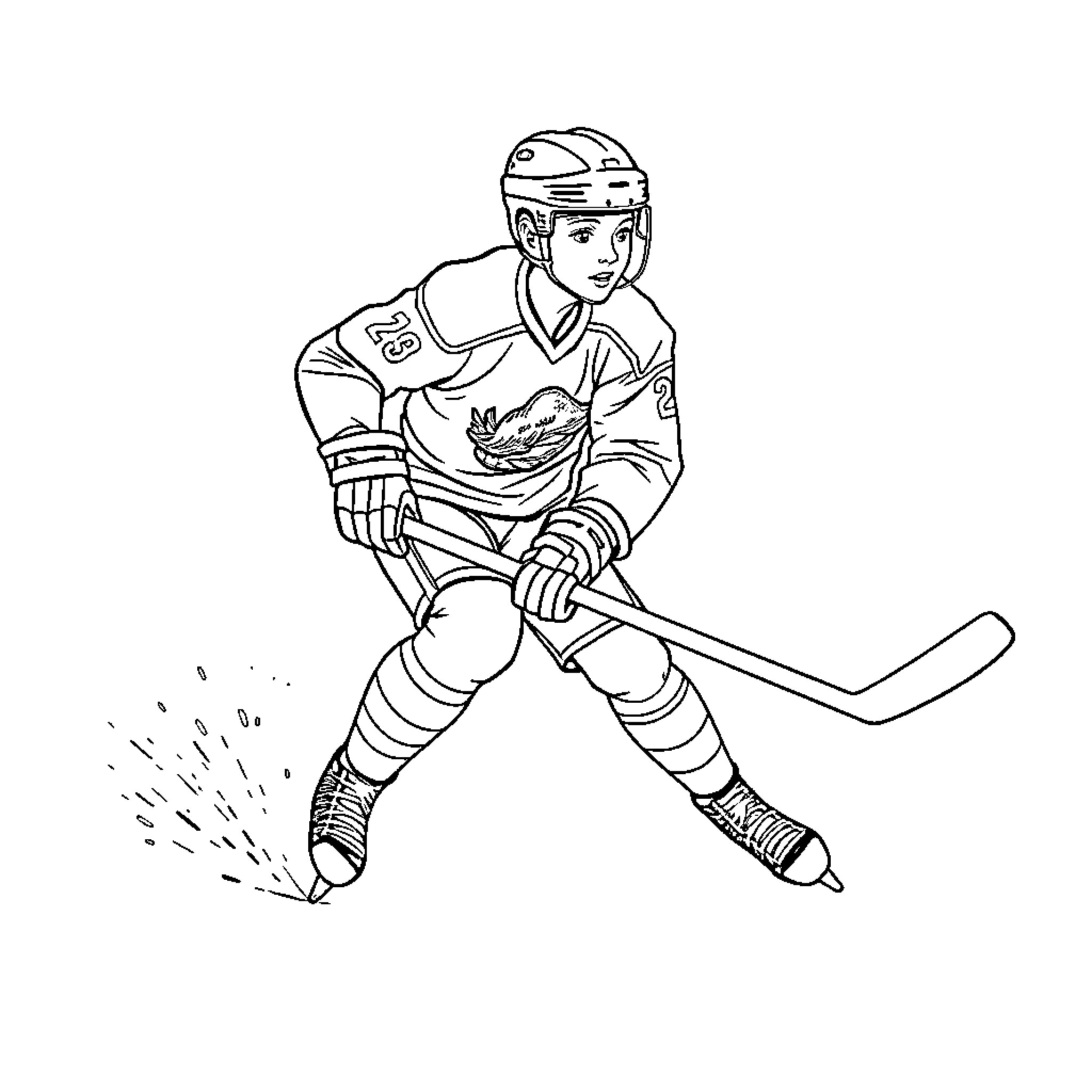 Hockey Player in Action Shooting the Puck Coloring Page (free black-and-white line drawing printable PDF for all, from beginners to advanced learners, including children, teens, adults, and seniors)