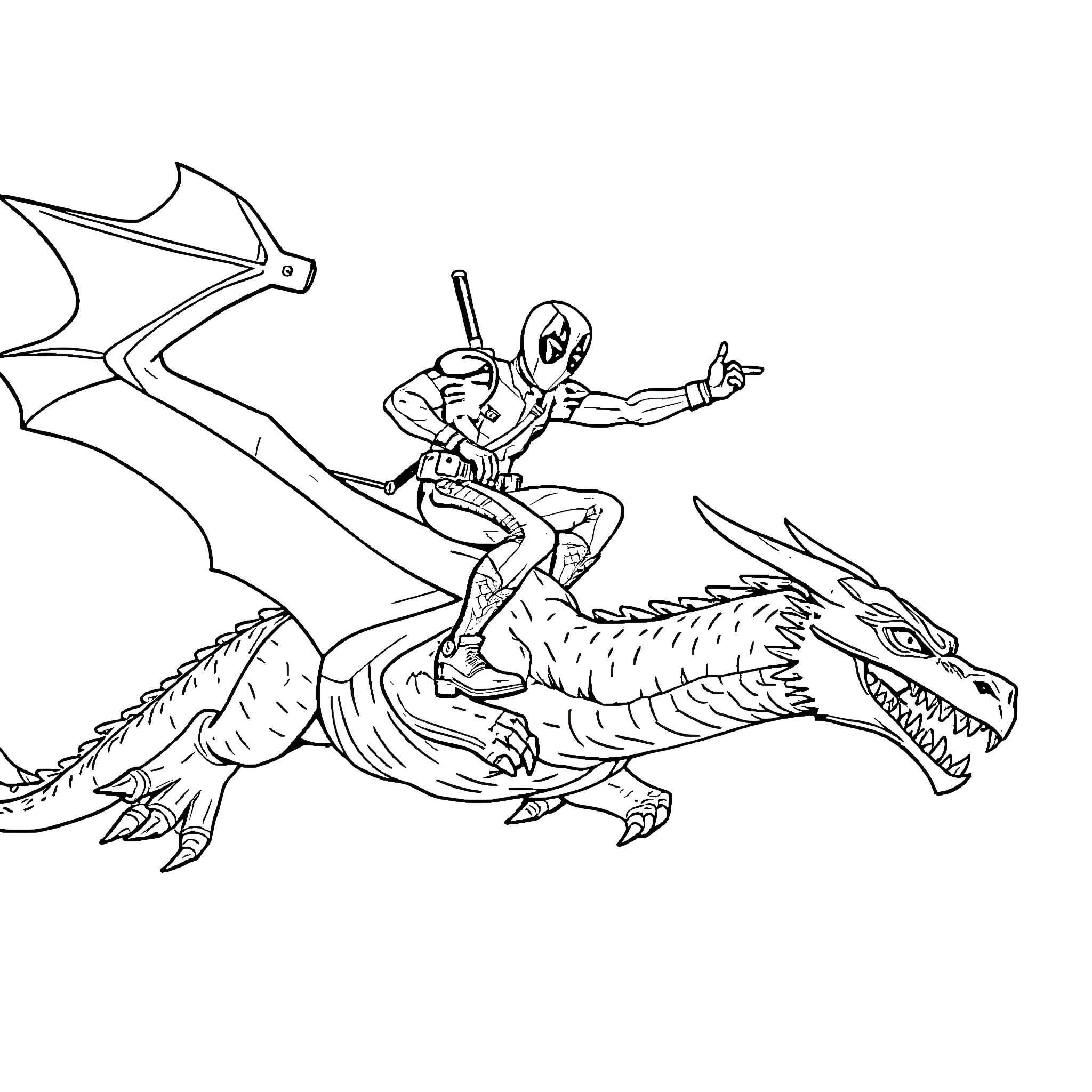 Deadpool riding a majestic dragon into battle Coloring Page (free black-and-white line drawing printable PDF for all, from beginners to advanced learners, including children, teens, adults, and seniors)