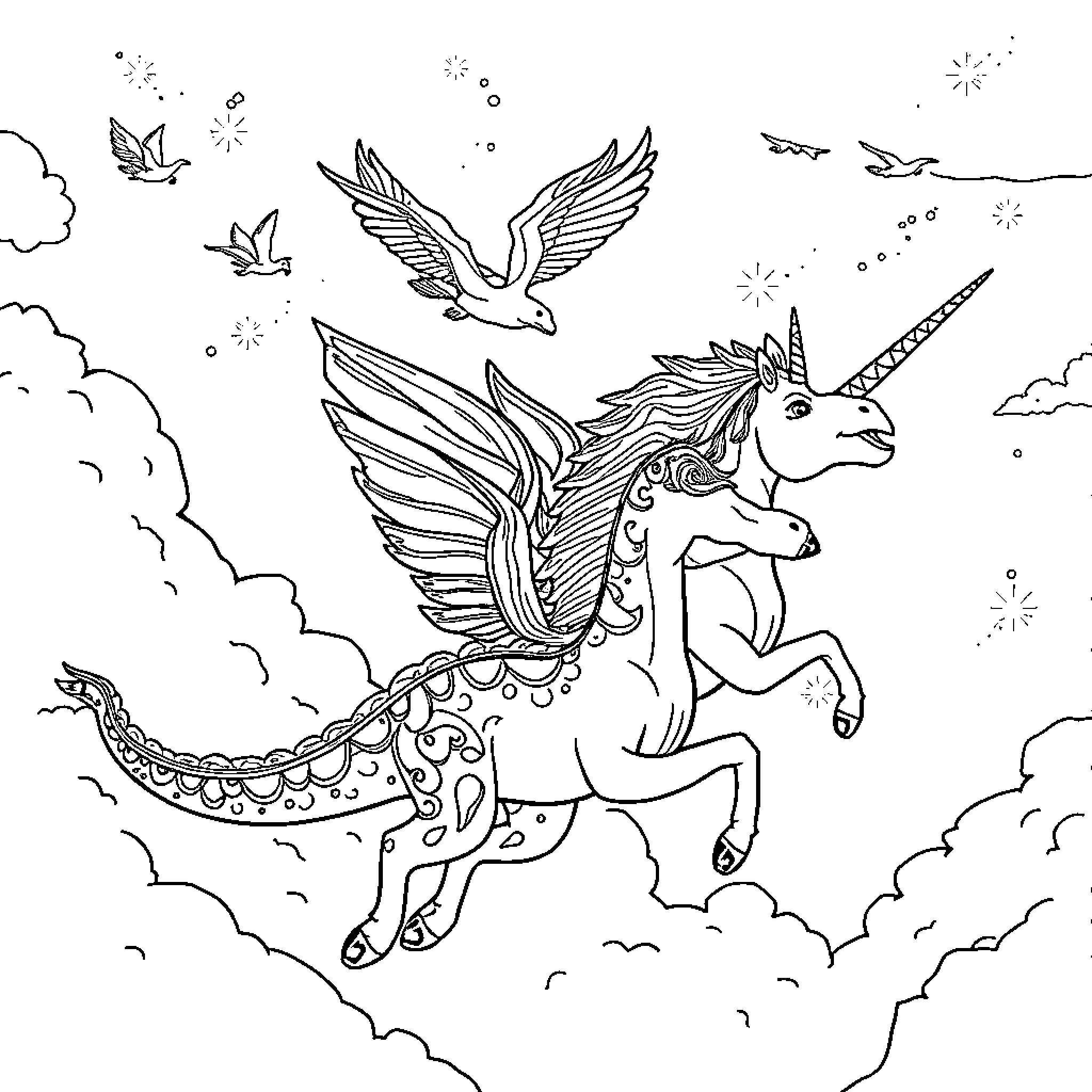 Dinosaur Unicorn with Wings Soaring in the Clouds Coloring Page (free black-and-white line drawing printable PDF for all, from beginners to advanced learners, including children, teens, adults, and seniors)