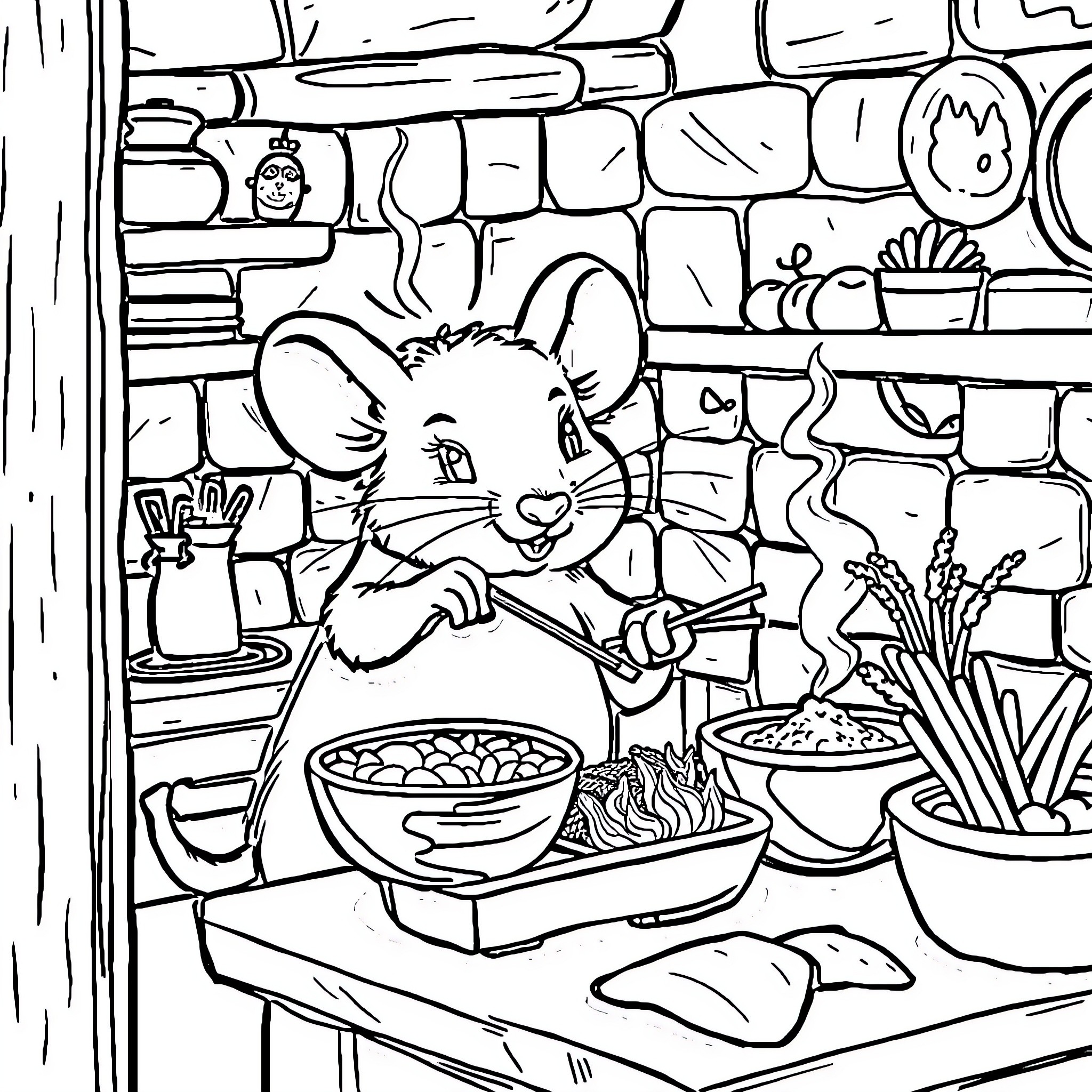 Remi's Culinary Adventures in the Kitchen Coloring Page (free black-and-white line drawing printable PDF for all, from beginners to advanced learners, including children, teens, adults, and seniors)
