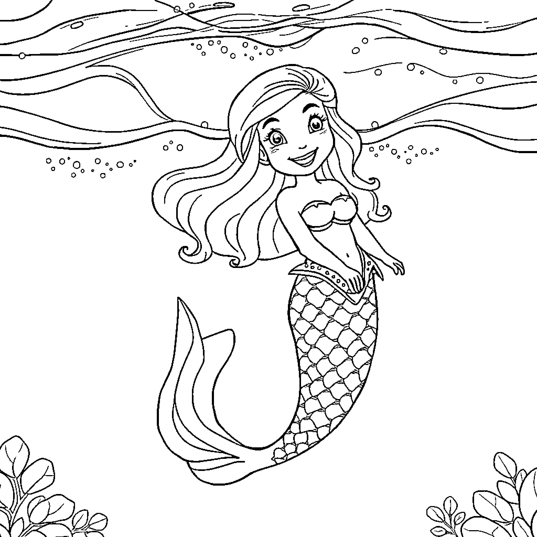 Mermaid swimming playfully in the ocean Coloring Page (free black-and-white line drawing printable PDF for all, from beginners to advanced learners, including children, teens, adults, and seniors)