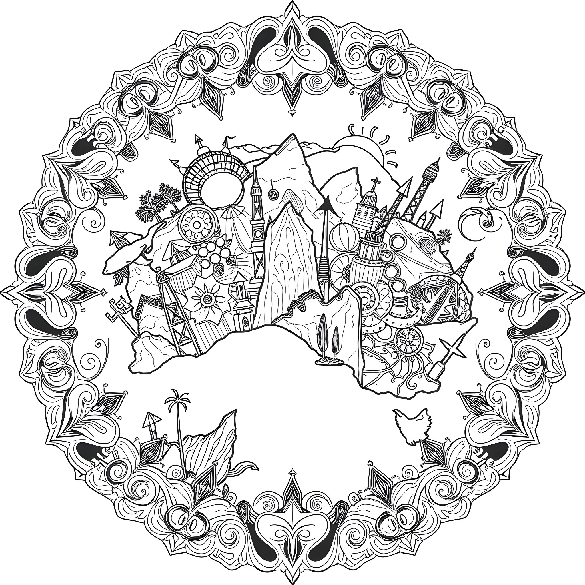 Mandala of Whimsical Landscapes and Symbols Coloring Page (free black-and-white line drawing printable PDF for all, from beginners to advanced learners, including children, teens, adults, and seniors)