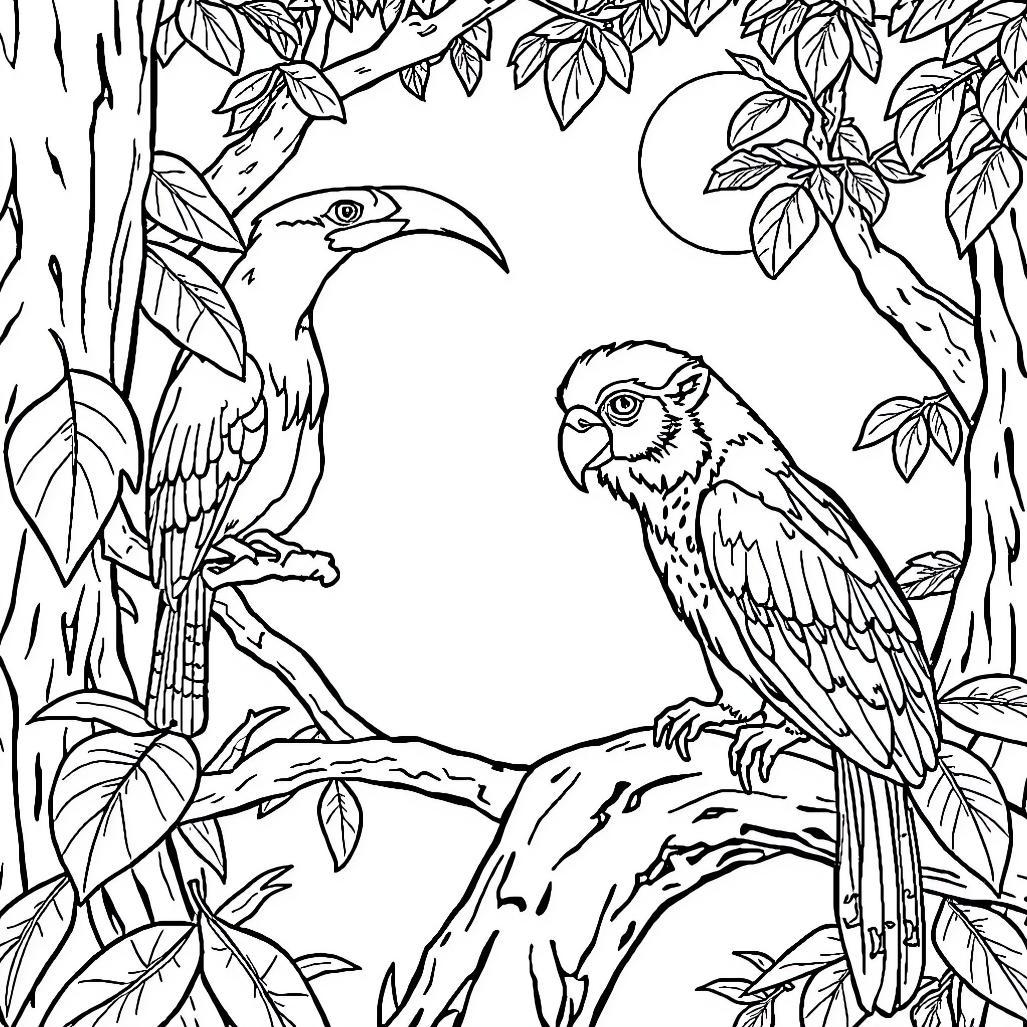 Wild Animals in Tropical Jungle Scene Coloring Page (free black-and-white line drawing printable PDF for all, from beginners to advanced learners, including children, teens, adults, and seniors)