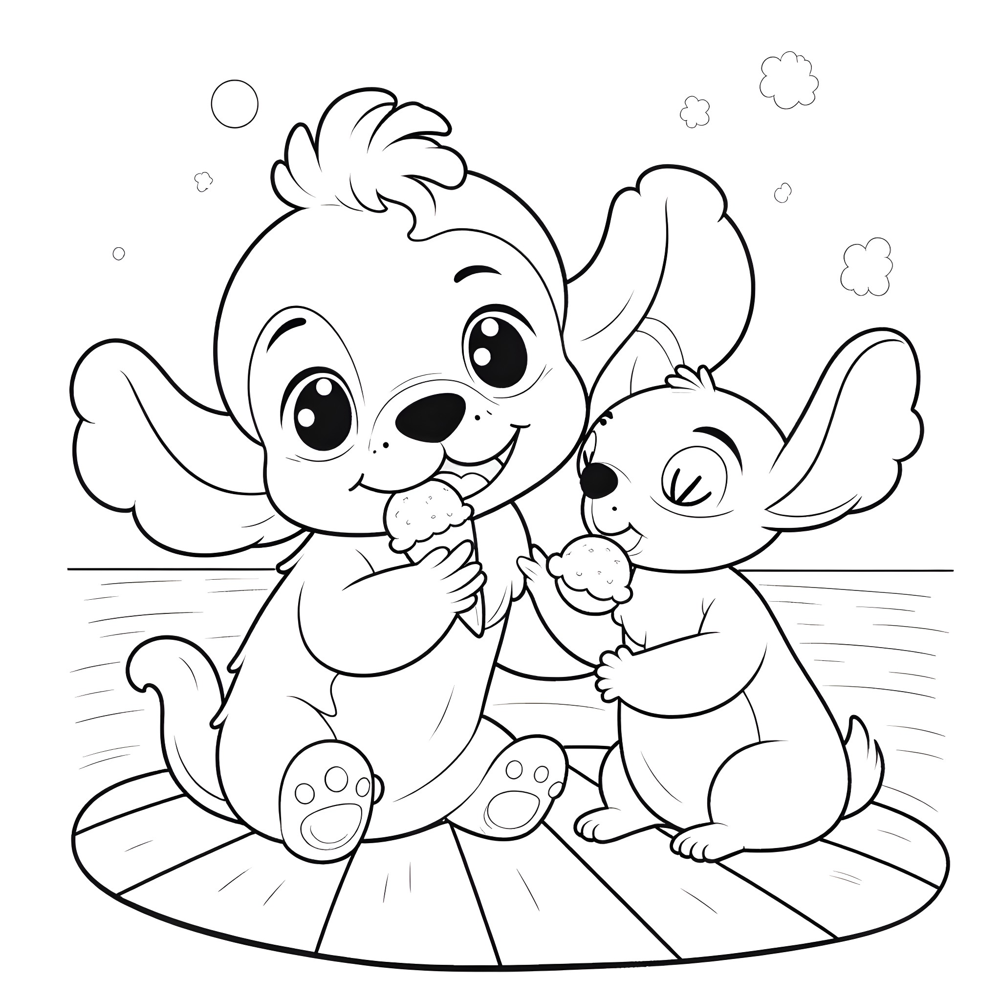 Dog and puppy playing happily together Coloring Page (free black-and-white line drawing printable PDF for all, from beginners to advanced learners, including children, teens, adults, and seniors)