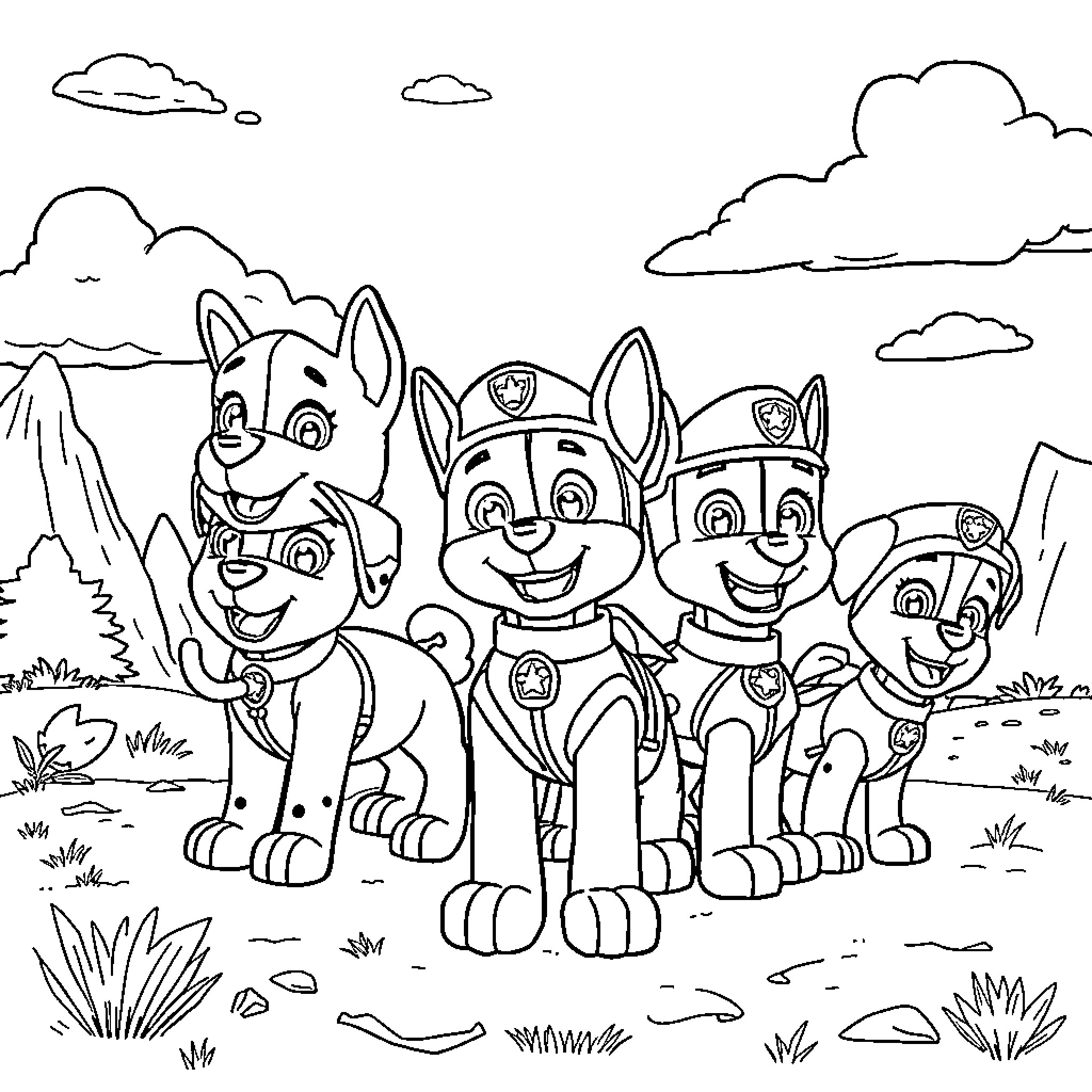 Paw Patrol Ready for Adventure in the Great Outdoors Coloring Page (free black-and-white line drawing printable PDF for all, from beginners to advanced learners, including children, teens, adults, and seniors)