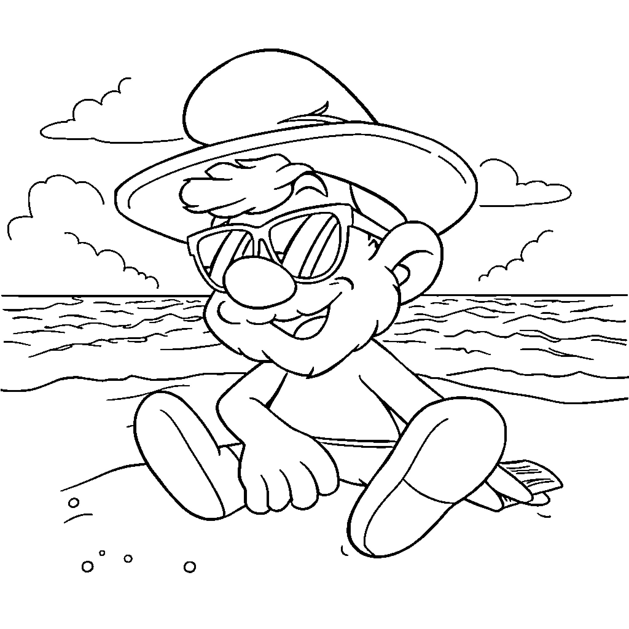 Papa Smurf relaxing on the beach Coloring Page (free black-and-white line drawing printable PDF for all, from beginners to advanced learners, including children, teens, adults, and seniors)