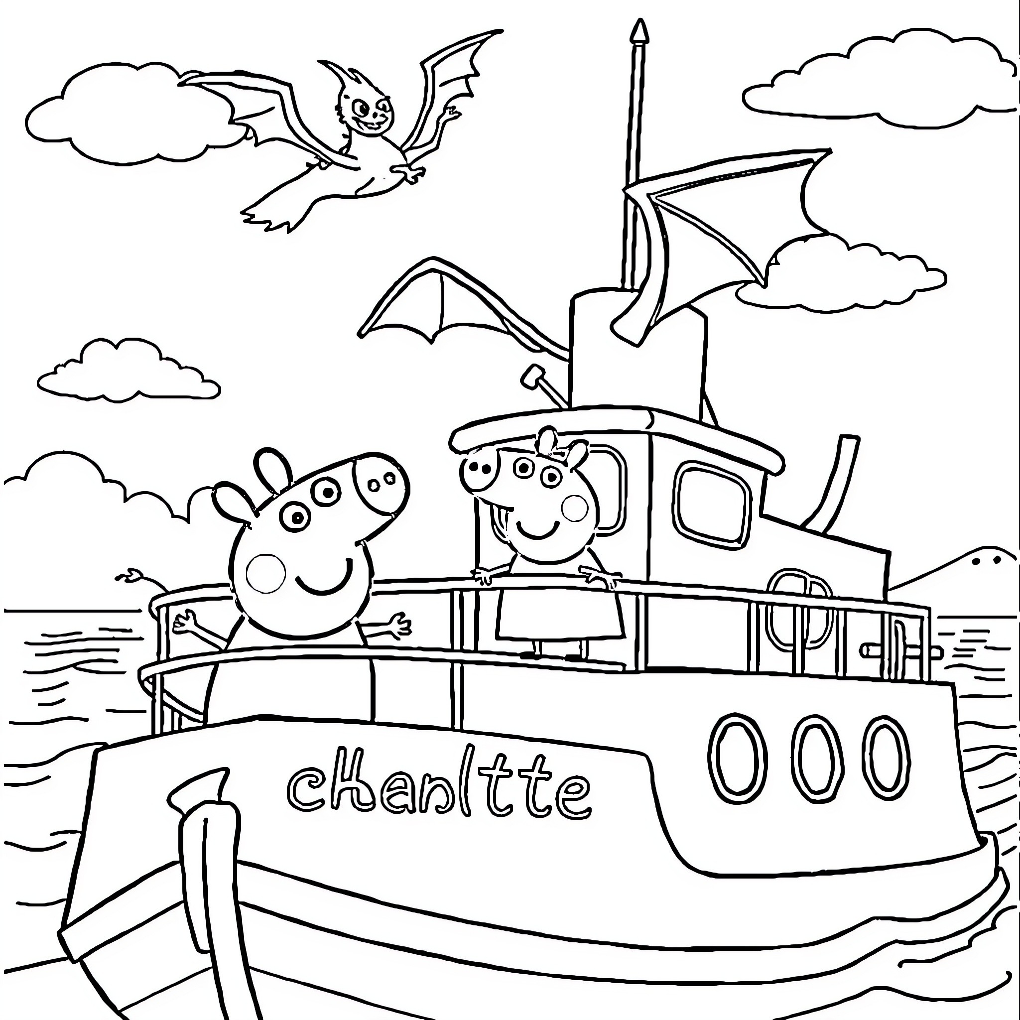 Peppa Pig and friends on a boat adventure Coloring Page (free black-and-white line drawing printable PDF for all, from beginners to advanced learners, including children, teens, adults, and seniors)