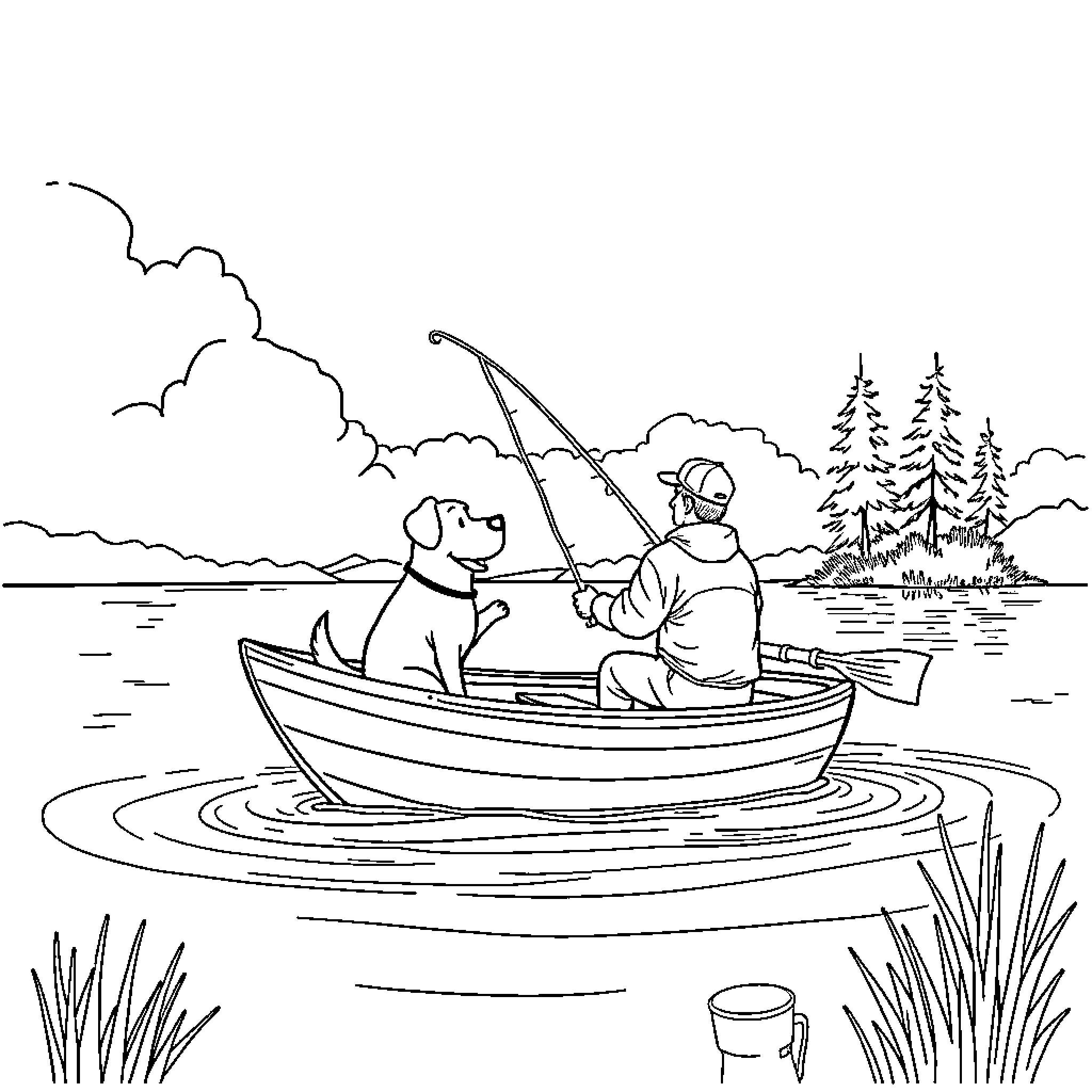 Dog accompanying person on fishing trip in boat Coloring Page (free black-and-white line drawing printable PDF for all, from beginners to advanced learners, including children, teens, adults, and seniors)