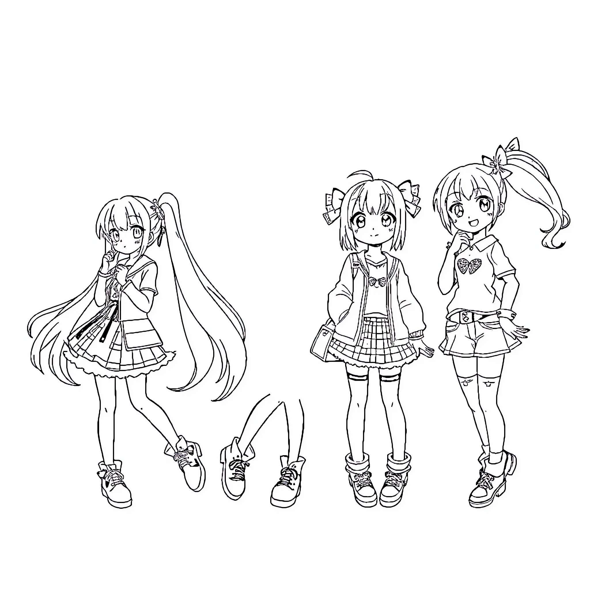 Anime Girls in Playful Outfits and Poses Coloring Page (free black-and-white line drawing printable PDF for all, from beginners to advanced learners, including children, teens, adults, and seniors)