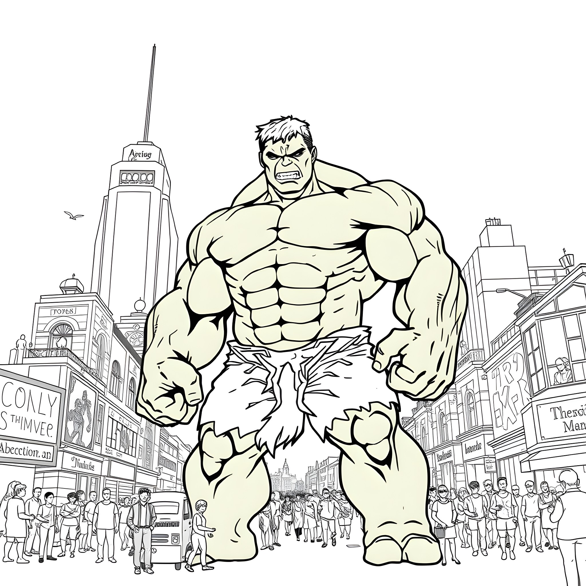 Hulk Smashing Through the City Streets Coloring Page (free black-and-white line drawing printable PDF for all, from beginners to advanced learners, including children, teens, adults, and seniors)