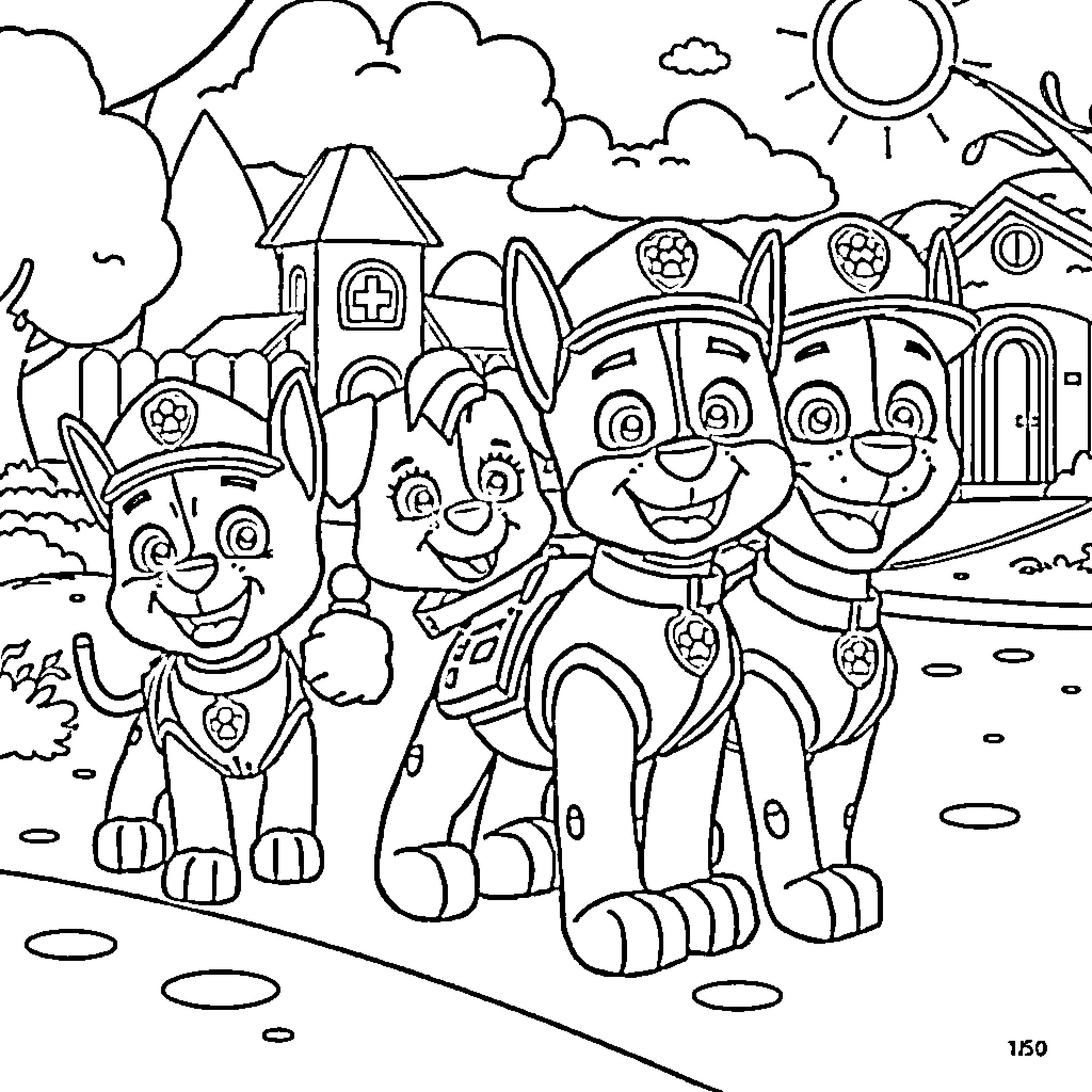 Paw Patrol in a Happy Village Scene Coloring Page (free black-and-white line drawing printable PDF for all, from beginners to advanced learners, including children, teens, adults, and seniors)