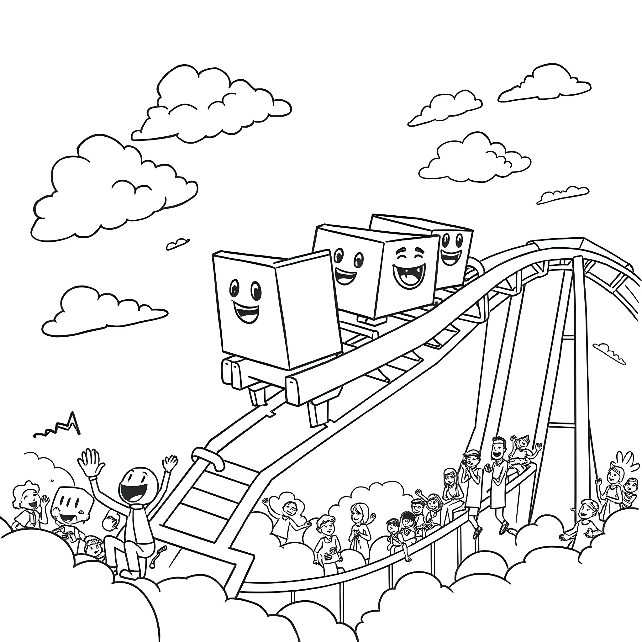 Number Block Rollercoaster Ride with Smiling Blocks Coloring Page (free black-and-white line drawing printable PDF for all, from beginners to advanced learners, including children, teens, adults, and seniors)