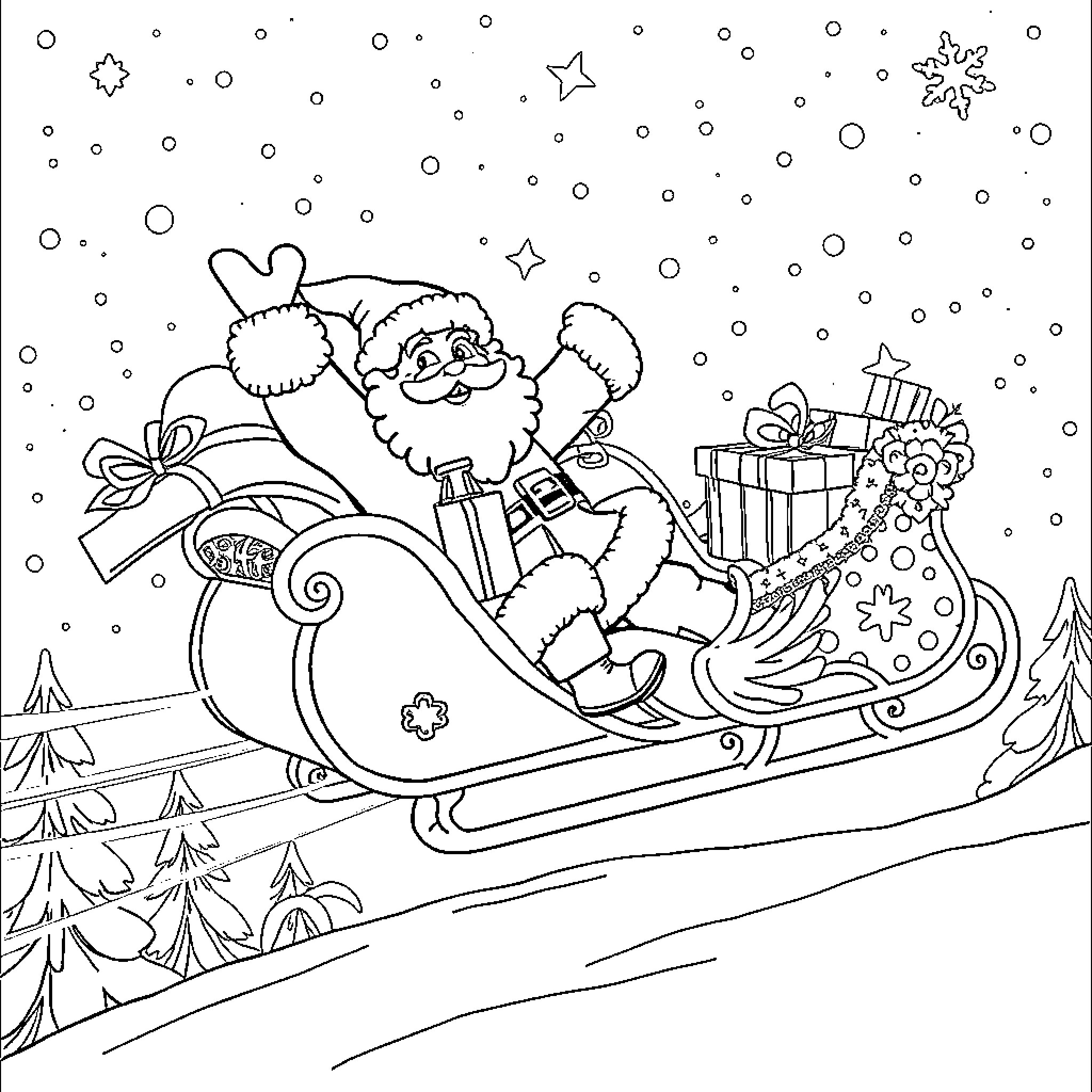 Santa Claus riding his sleigh with gifts Coloring Page (free black-and-white line drawing printable PDF for all, from beginners to advanced learners, including children, teens, adults, and seniors)