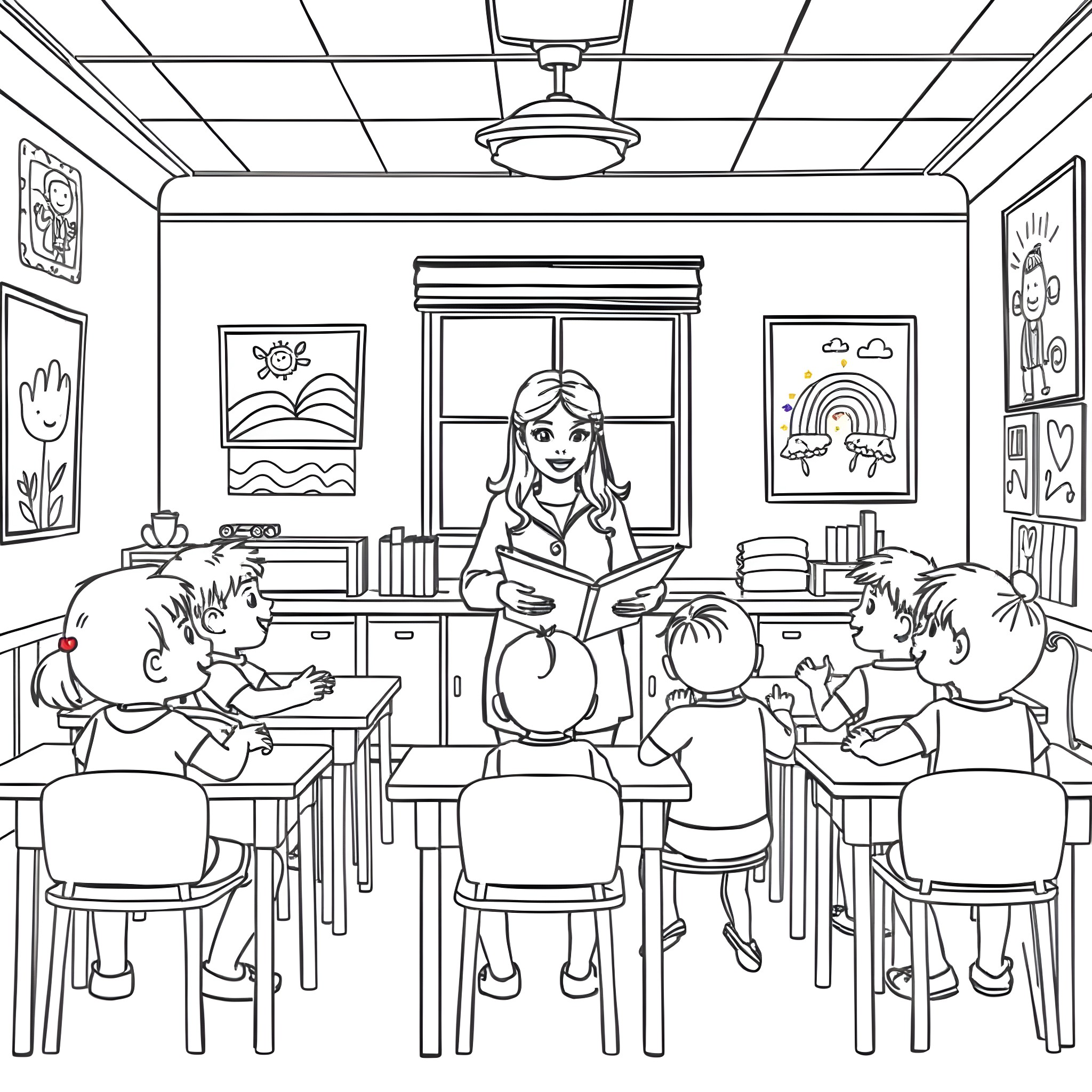 Miss Rachel's Classroom of Curious Students Coloring Page (free black-and-white line drawing printable PDF for all, from beginners to advanced learners, including children, teens, adults, and seniors)