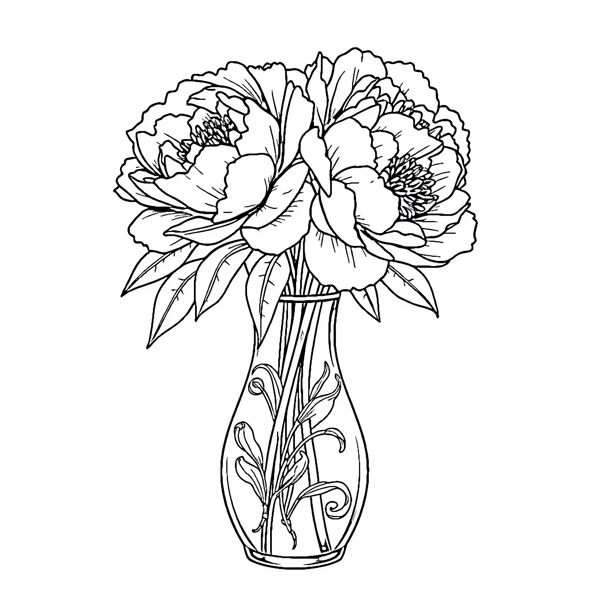Peony flowers in an elegant vase Coloring Page (free black-and-white line drawing printable PDF for all, from beginners to advanced learners, including children, teens, adults, and seniors)