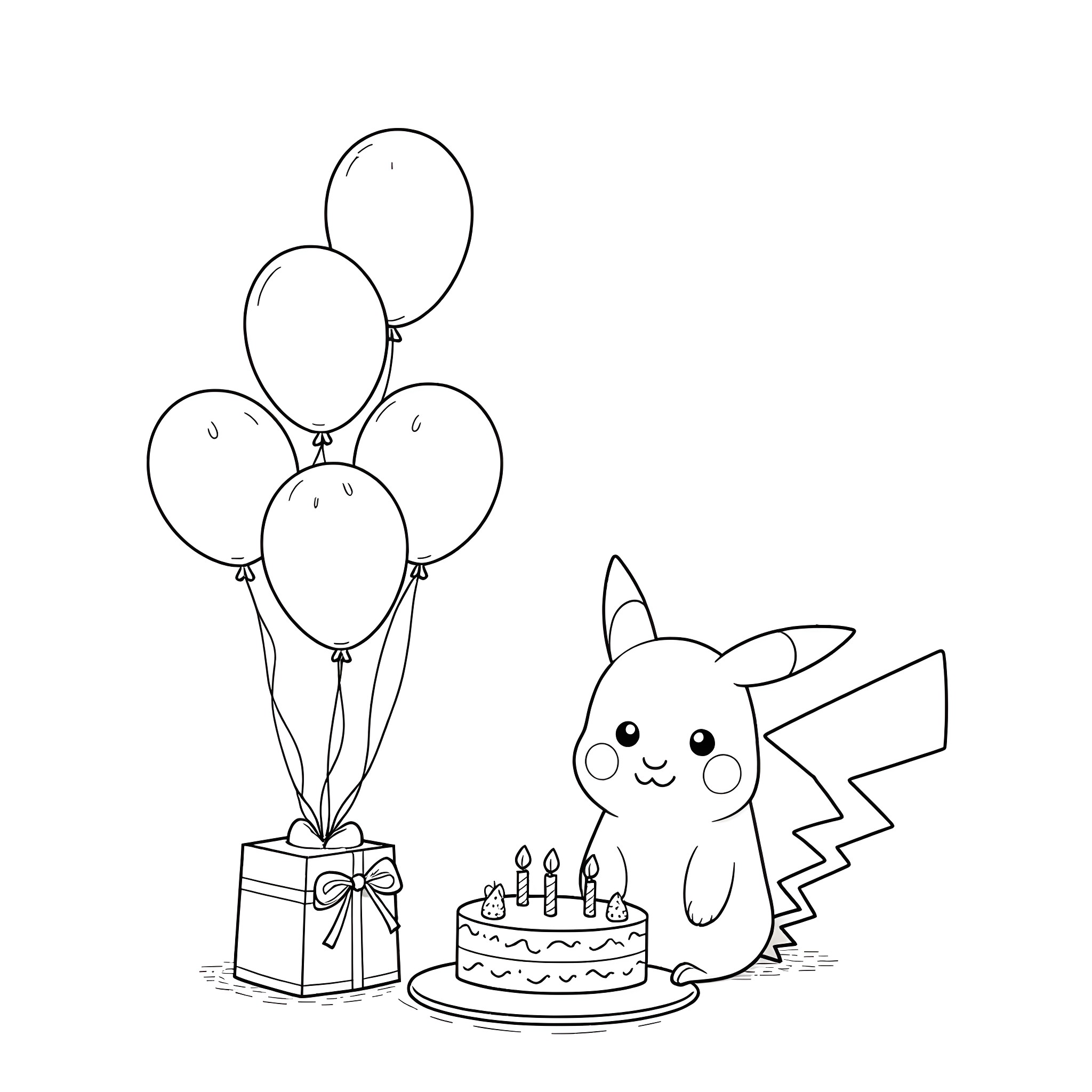 Pikachu celebrates birthday with balloons and cake Coloring Page (free black-and-white line drawing printable PDF for all, from beginners to advanced learners, including children, teens, adults, and seniors)