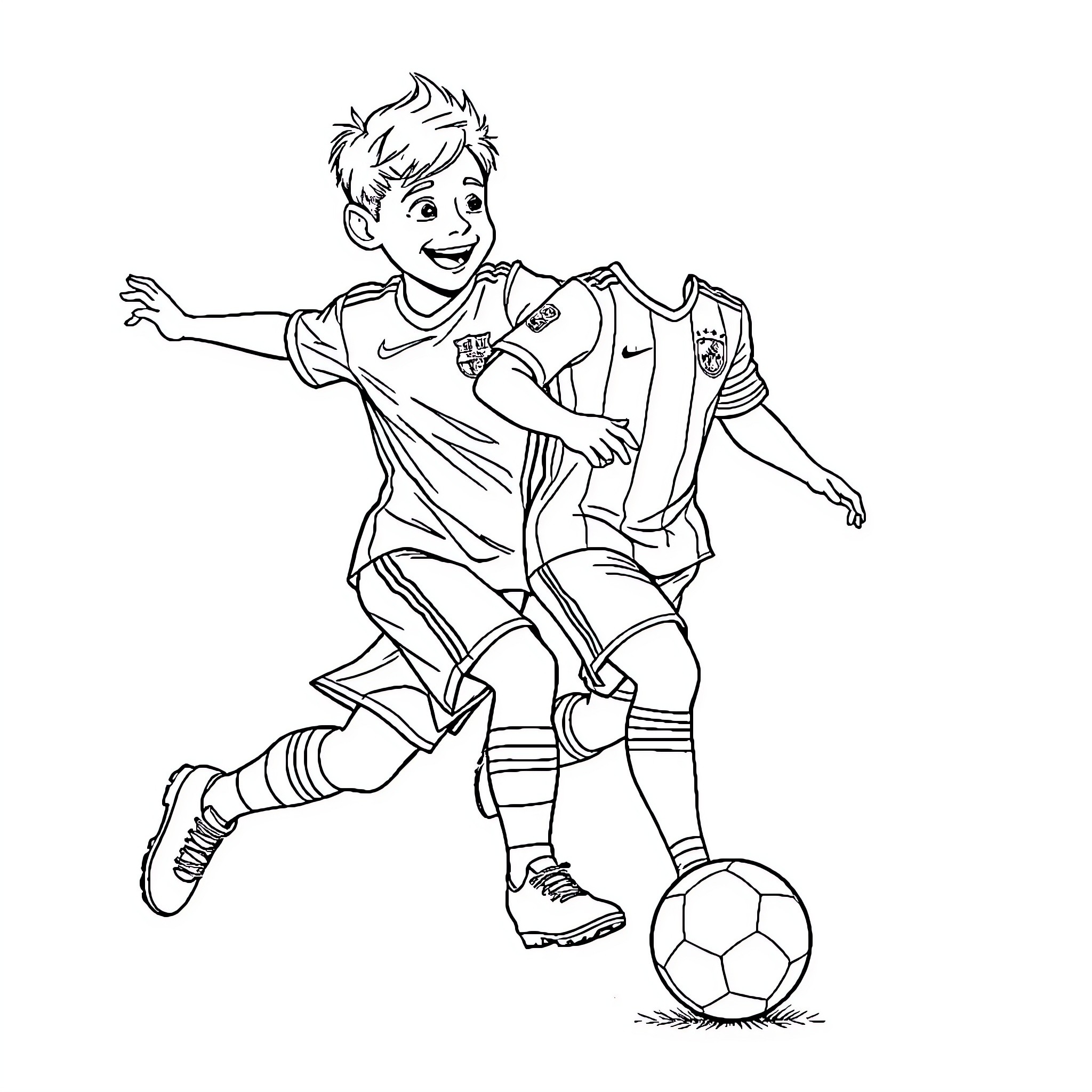 Boy playing soccer with enthusiasm Coloring Page (free black-and-white line drawing printable PDF for all, from beginners to advanced learners, including children, teens, adults, and seniors)