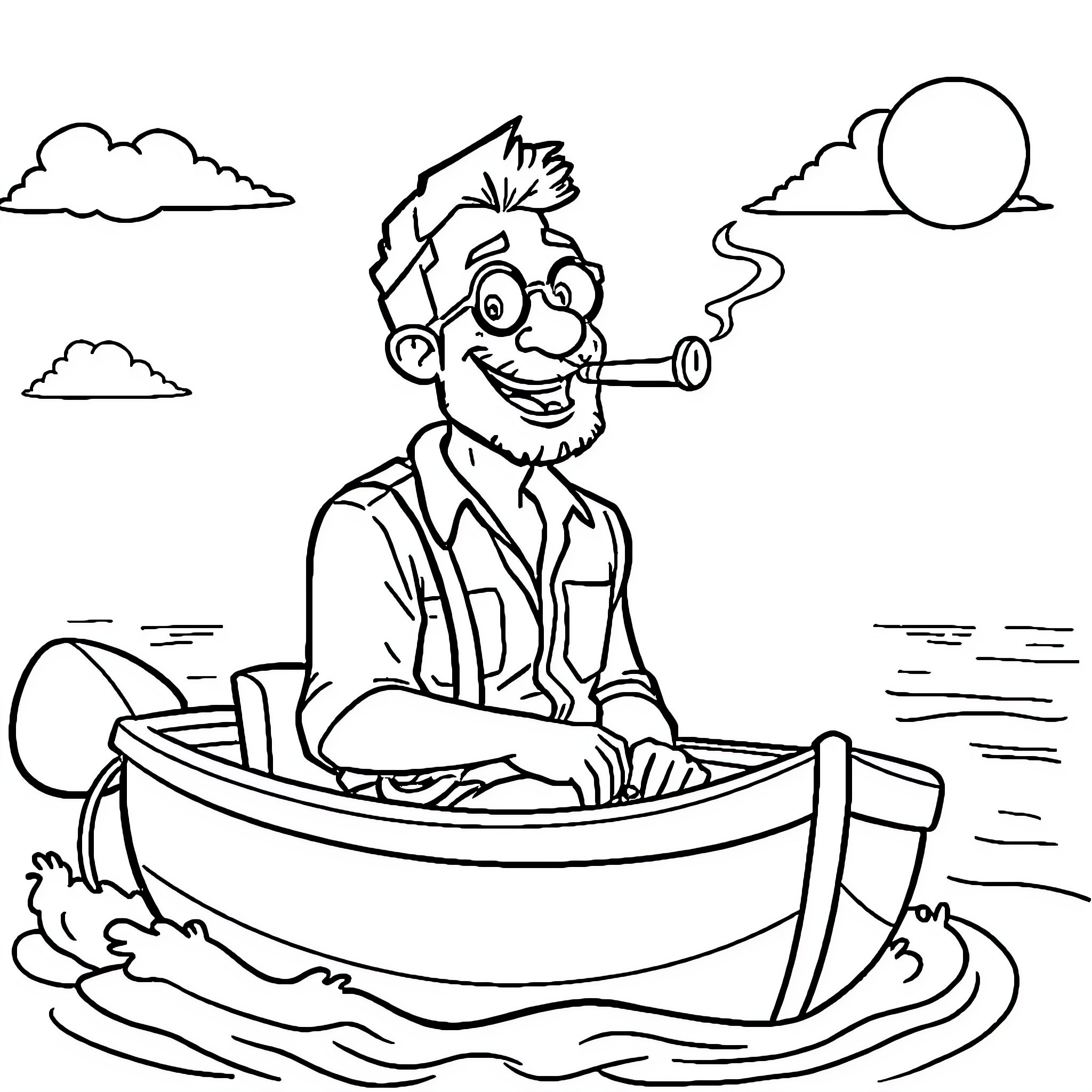 Man enjoying a relaxing boat ride in the evening Coloring Page (free black-and-white line drawing printable PDF for all, from beginners to advanced learners, including children, teens, adults, and seniors)