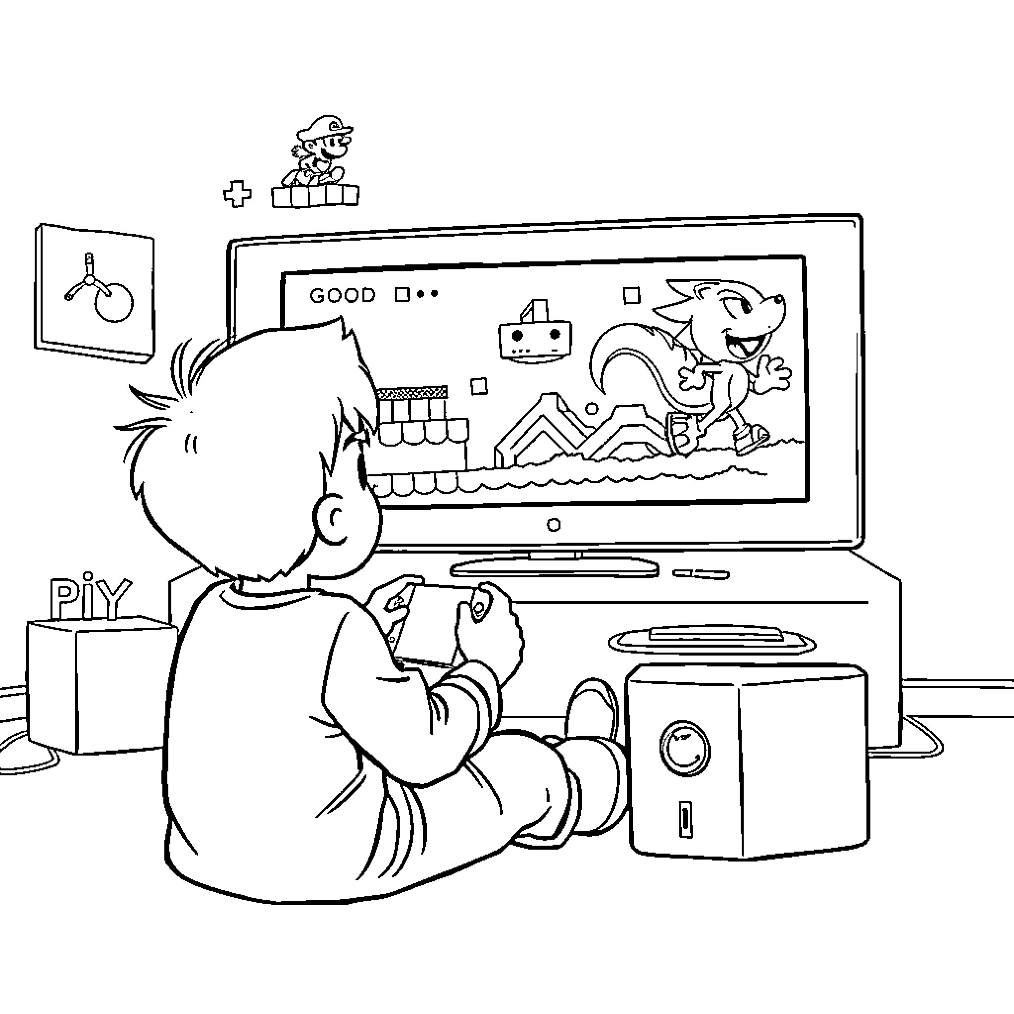 Boy playing a video game on the computer Coloring Page (free black-and-white line drawing printable PDF for all, from beginners to advanced learners, including children, teens, adults, and seniors)