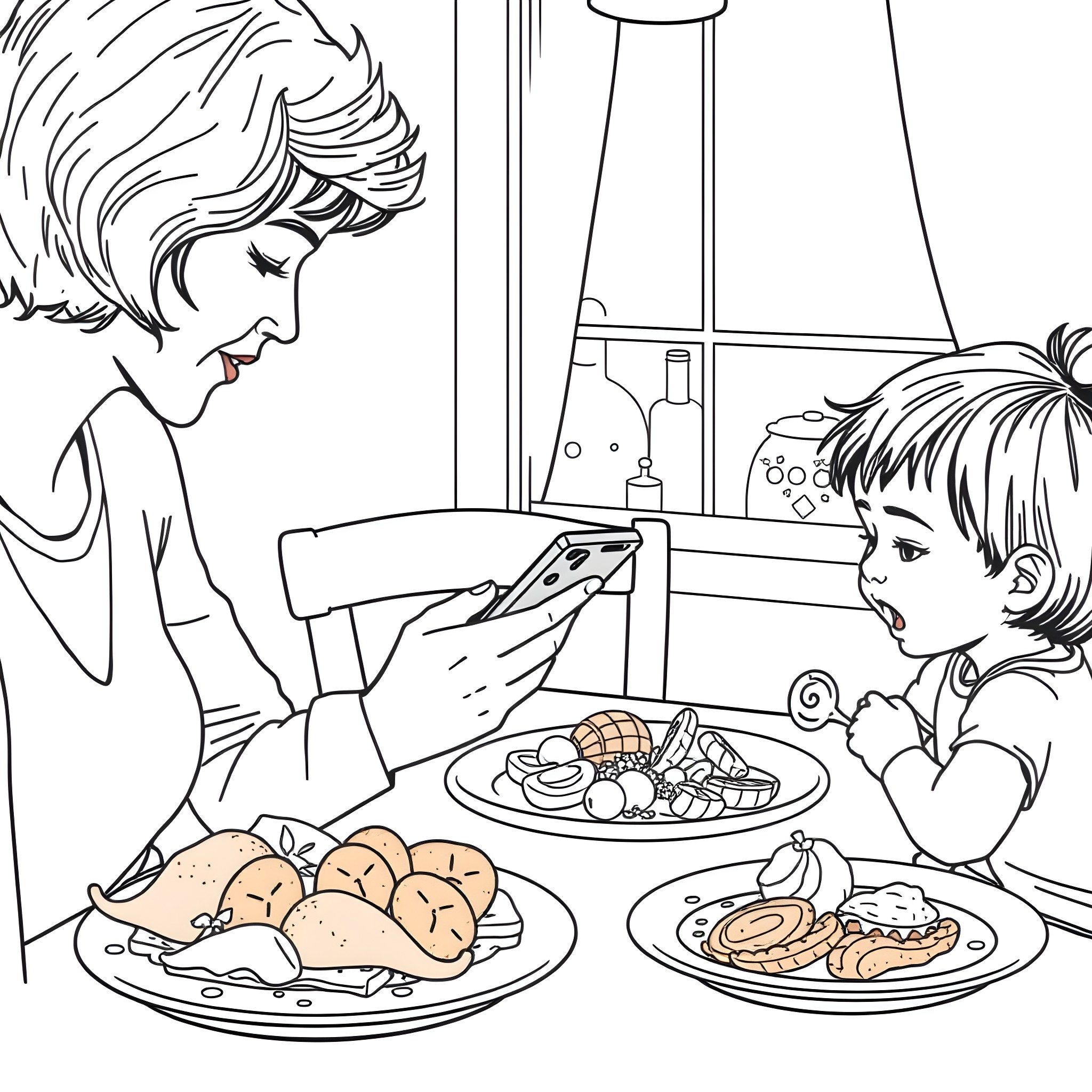 Kid Eating Meal with Mother at the Table Coloring Page (free black-and-white line drawing printable PDF for all, from beginners to advanced learners, including children, teens, adults, and seniors)