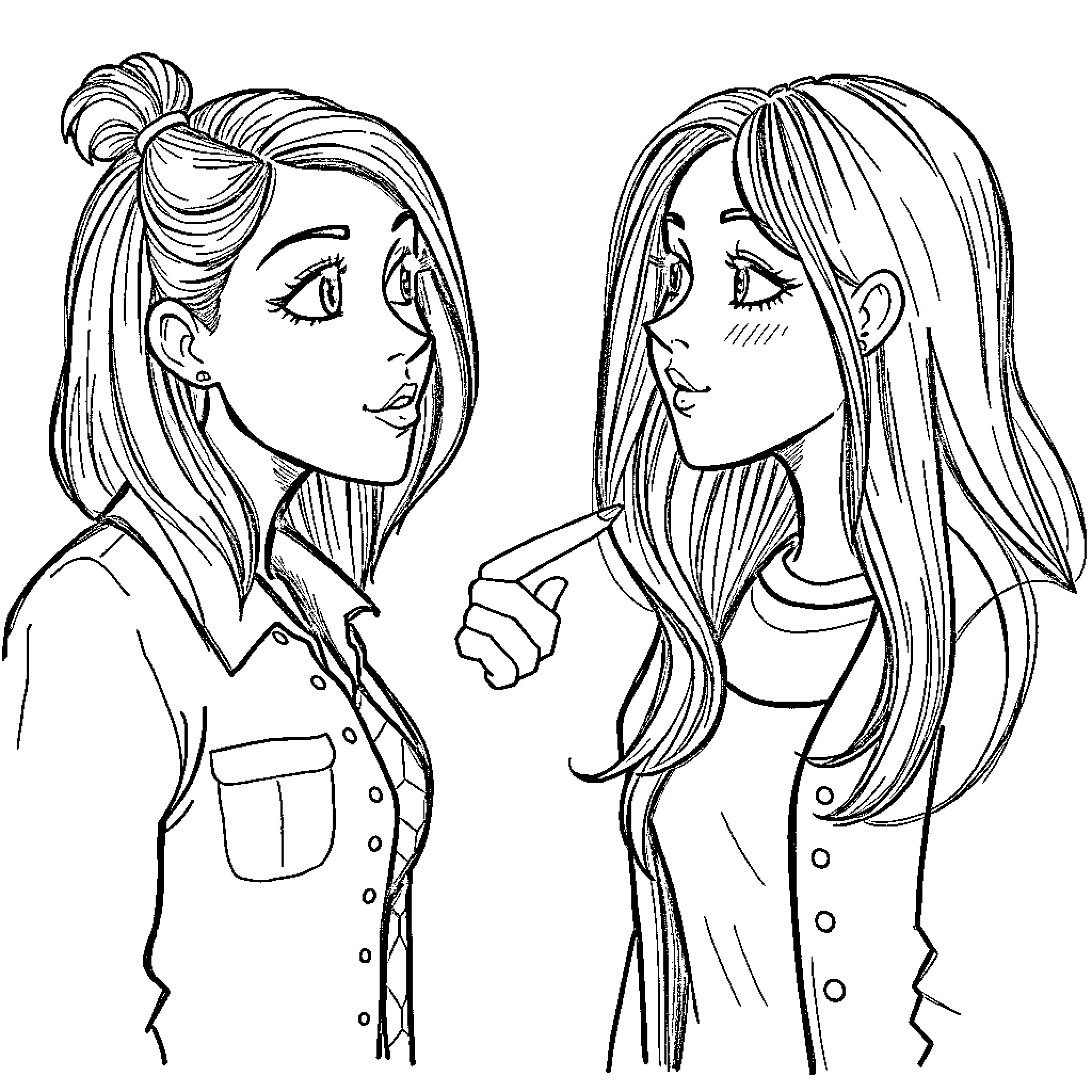 Friend's lively conversation and stylish attire Coloring Page (free black-and-white line drawing printable PDF for all, from beginners to advanced learners, including children, teens, adults, and seniors)