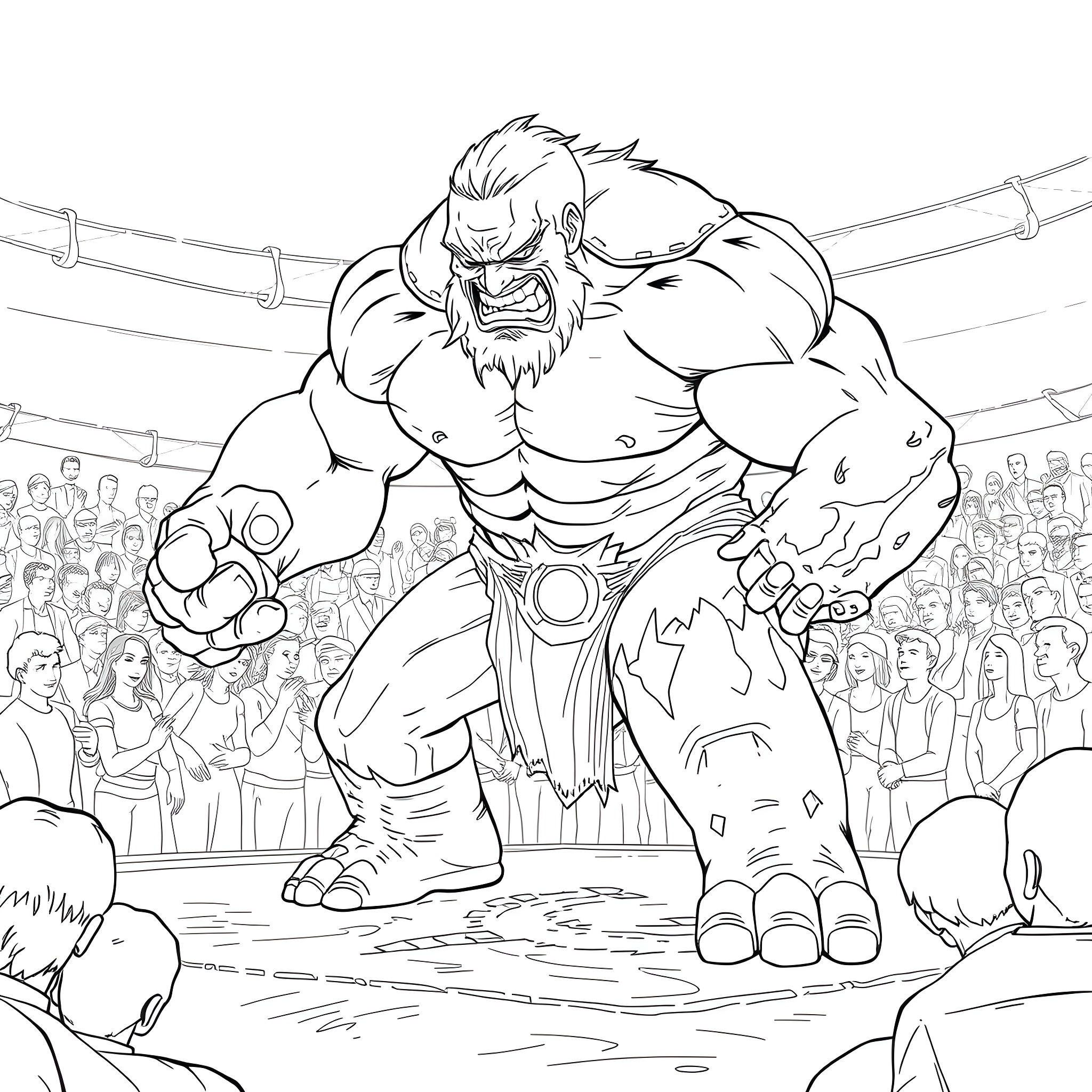 Titan Wrestler Dominating the Arena Coloring Page (free black-and-white line drawing printable PDF for all, from beginners to advanced learners, including children, teens, adults, and seniors)