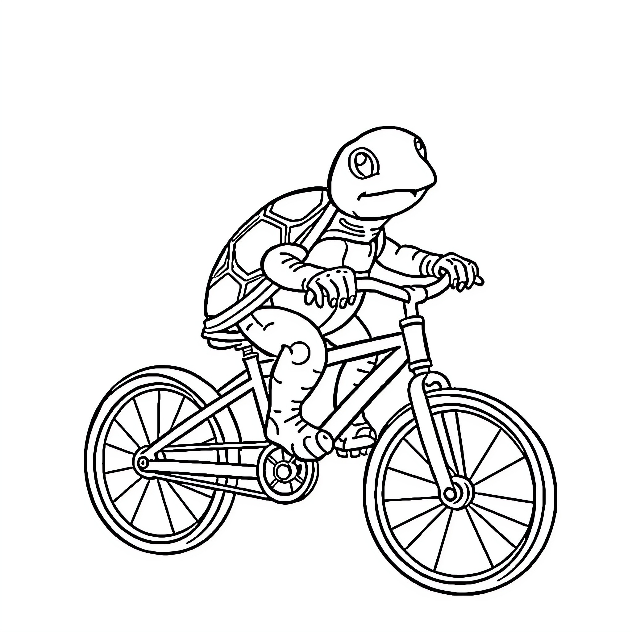 Turtle riding bicycle happily Coloring Page (free black-and-white line drawing printable PDF for all, from beginners to advanced learners, including children, teens, adults, and seniors)