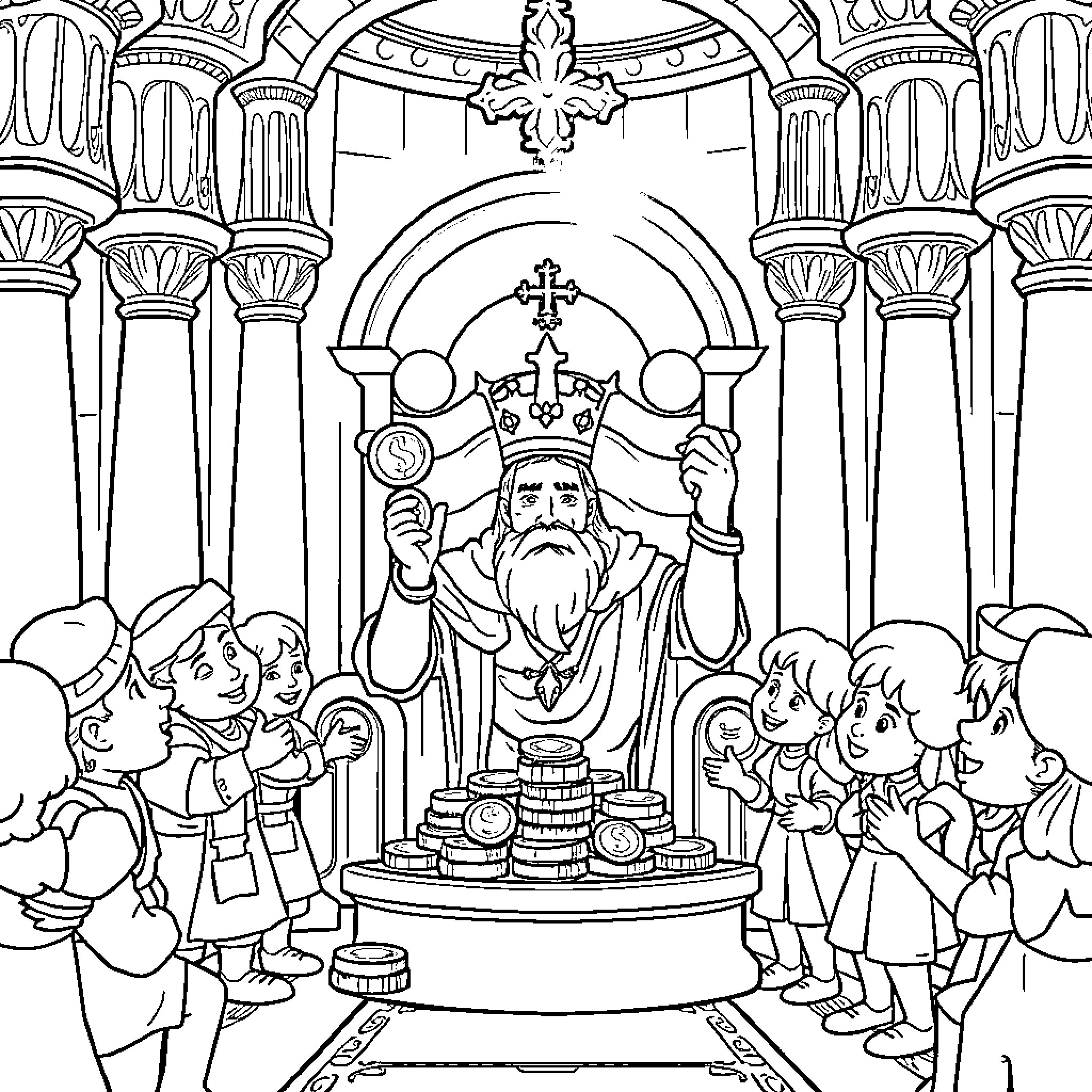 King presiding over royal court ceremony Coloring Page (free black-and-white line drawing printable PDF for all, from beginners to advanced learners, including children, teens, adults, and seniors)