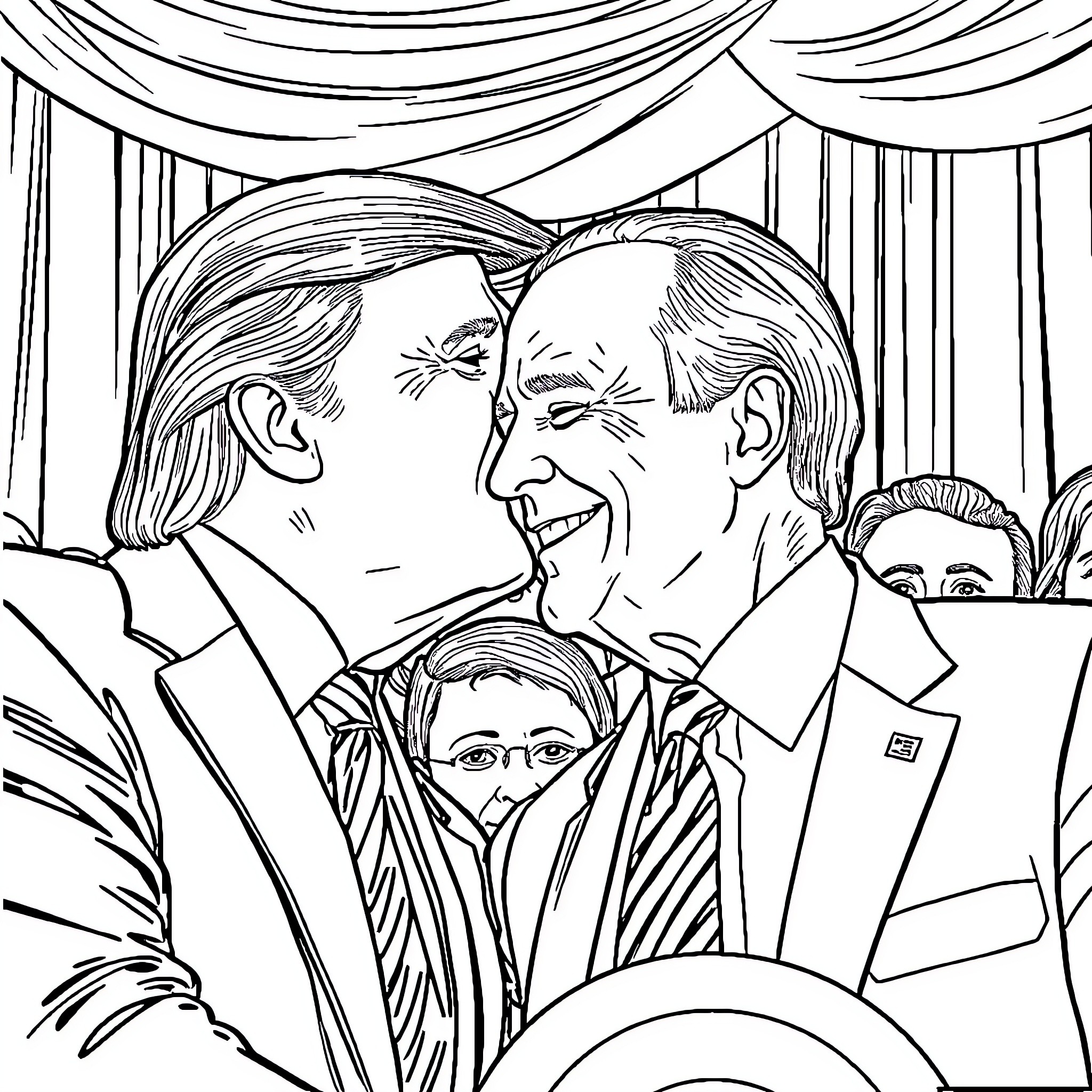 Trump Meets with Political Figures in Dramatic Scene Coloring Page (free black-and-white line drawing printable PDF for all, from beginners to advanced learners, including children, teens, adults, and seniors)