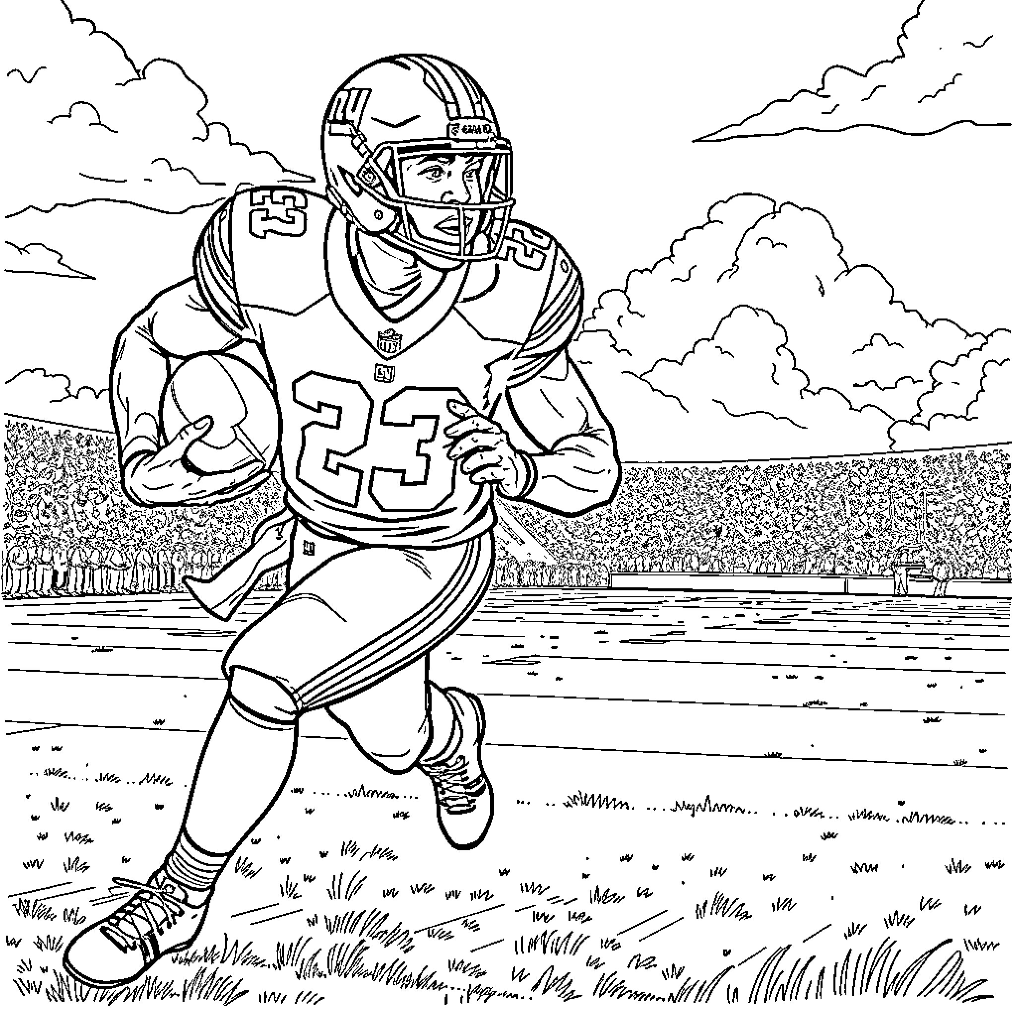 Lamar Jackson running on the football field Coloring Page (free black-and-white line drawing printable PDF for all, from beginners to advanced learners, including children, teens, adults, and seniors)