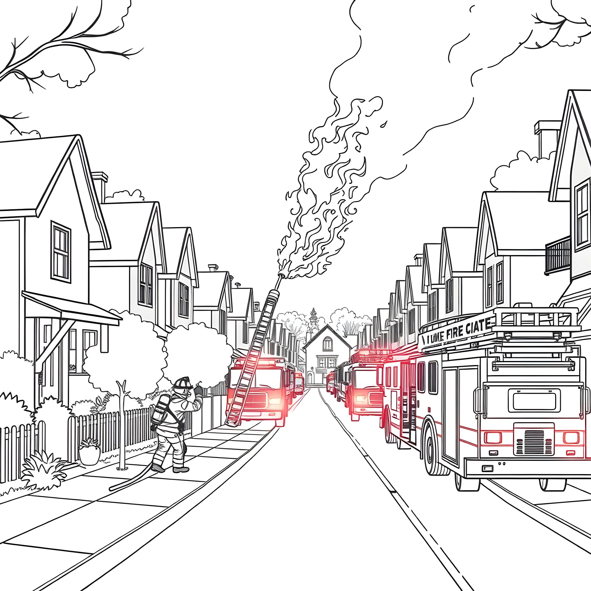 Firefighter responding to emergency in neighborhood Coloring Page (free black-and-white line drawing printable PDF for all, from beginners to advanced learners, including children, teens, adults, and seniors)