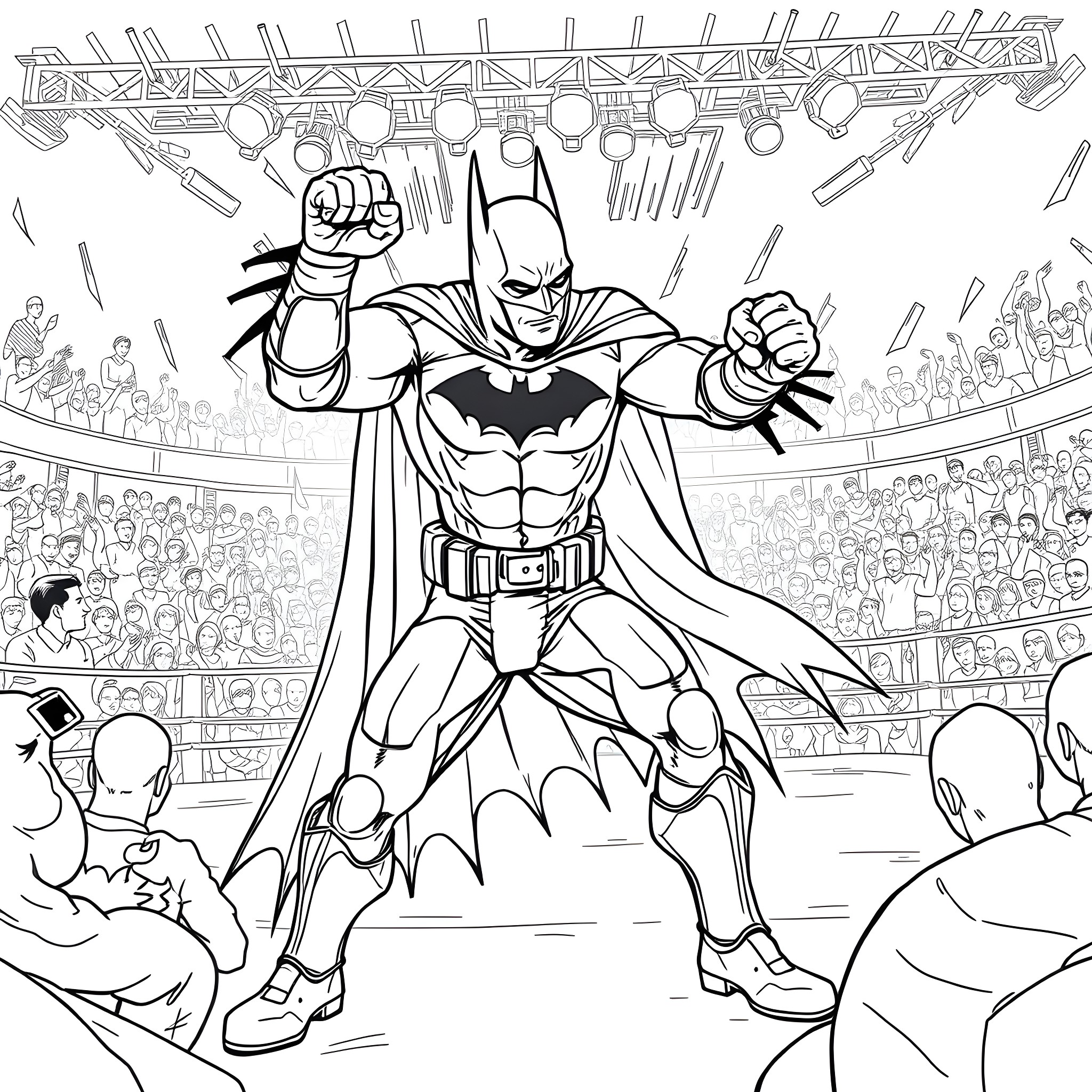 Batman in action-packed performance Coloring Page (free black-and-white line drawing printable PDF for all, from beginners to advanced learners, including children, teens, adults, and seniors)