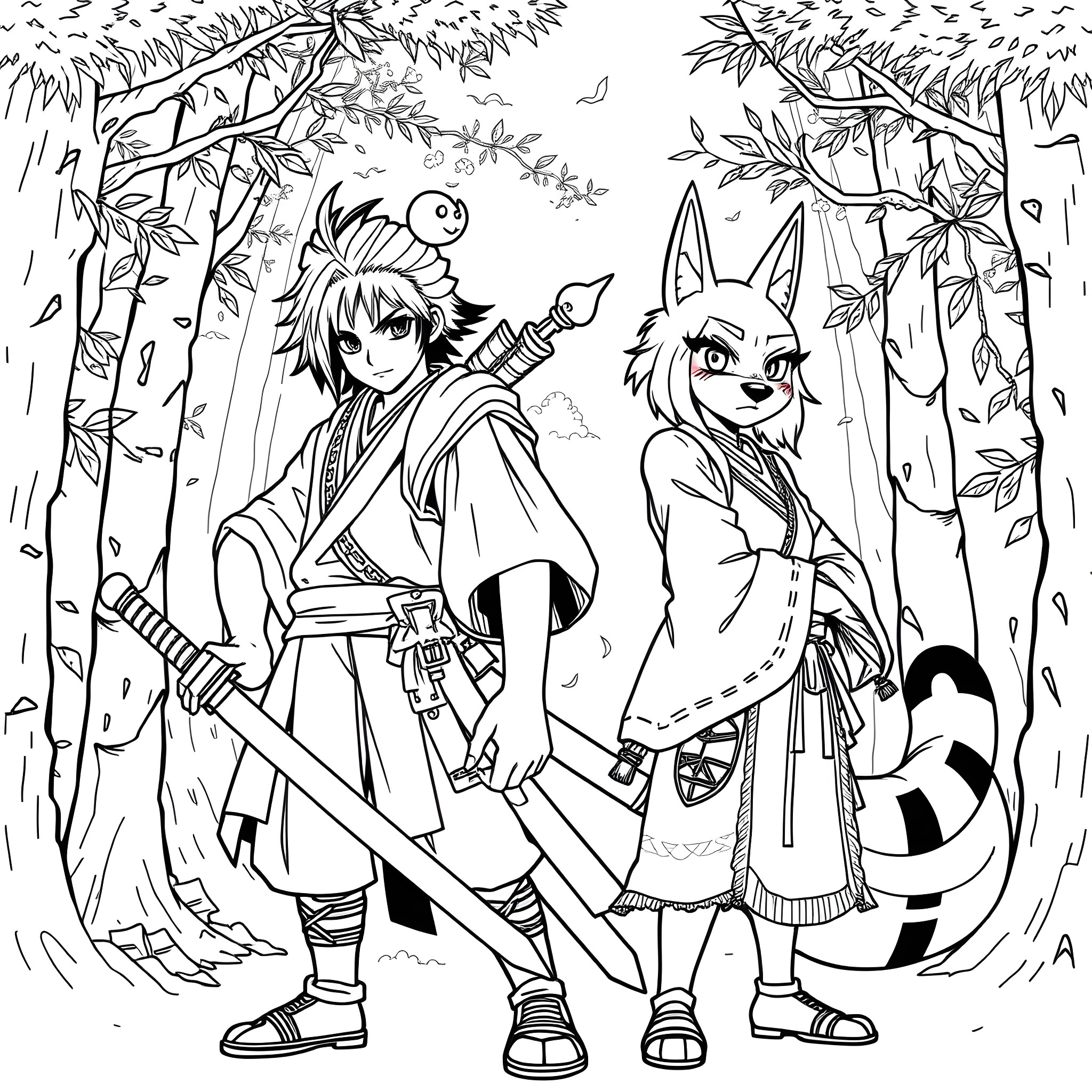 Tanjiro and Nezuko in the Enchanted Forest Coloring Page (free black-and-white line drawing printable PDF for all, from beginners to advanced learners, including children, teens, adults, and seniors)