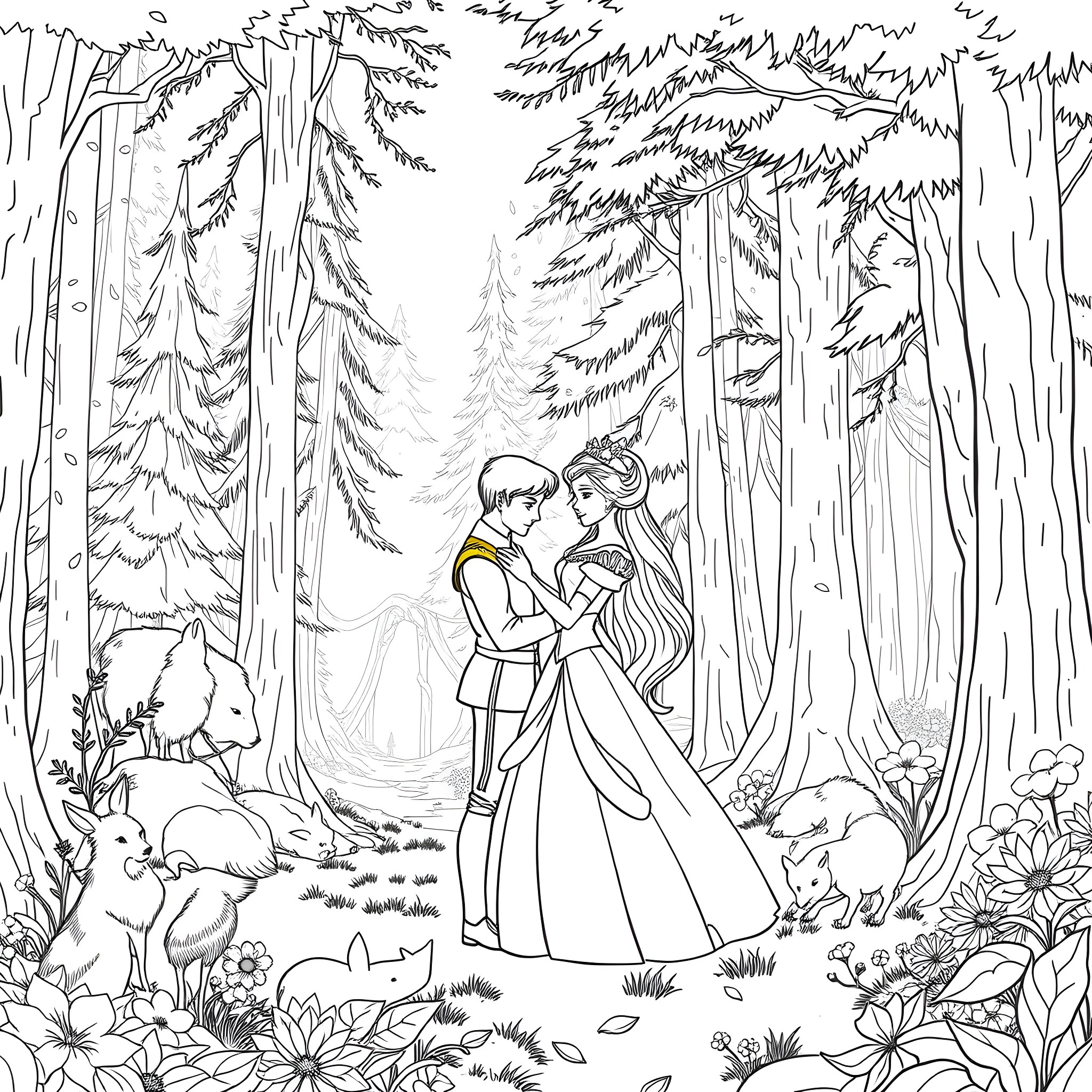Aurora's Enchanted Forest Adventure Coloring Page (free black-and-white line drawing printable PDF for all, from beginners to advanced learners, including children, teens, adults, and seniors)