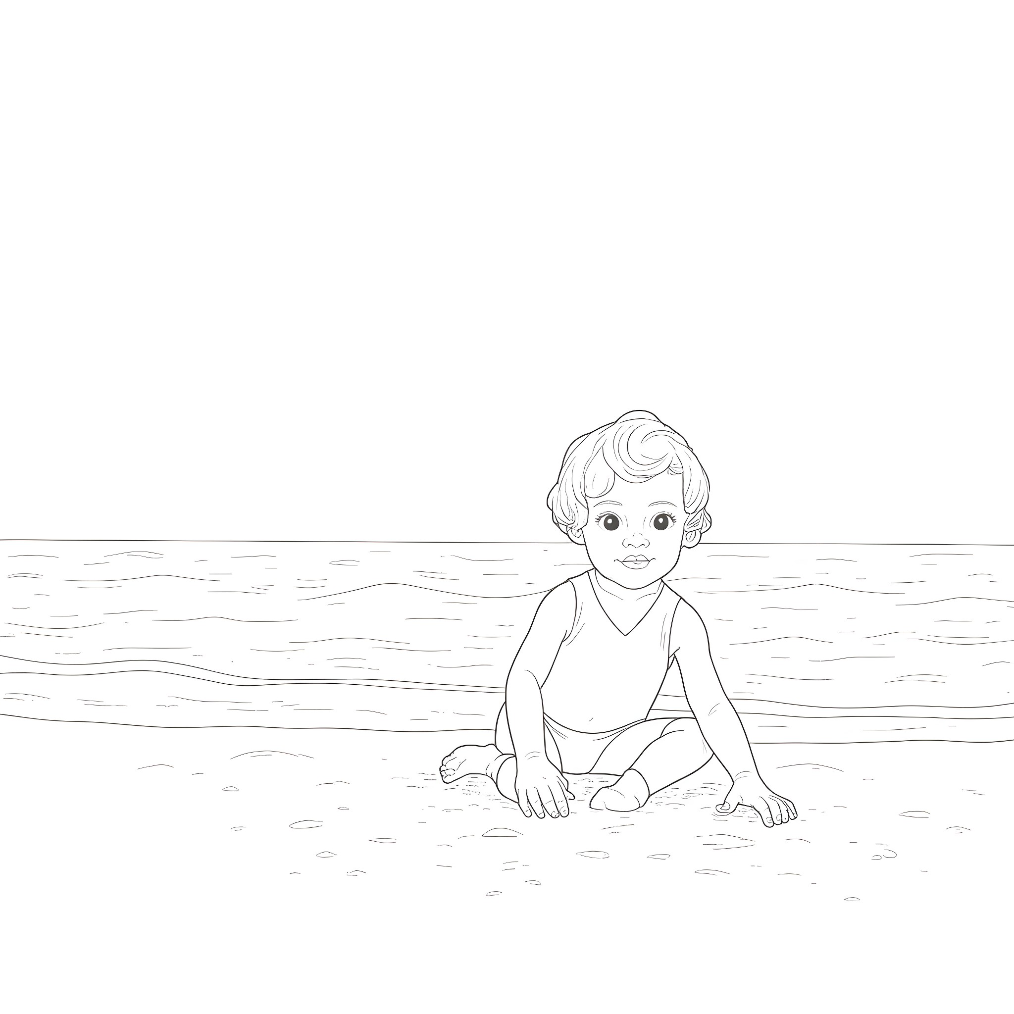 Child playing joyfully in the waves Coloring Page (free black-and-white line drawing printable PDF for all, from beginners to advanced learners, including children, teens, adults, and seniors)