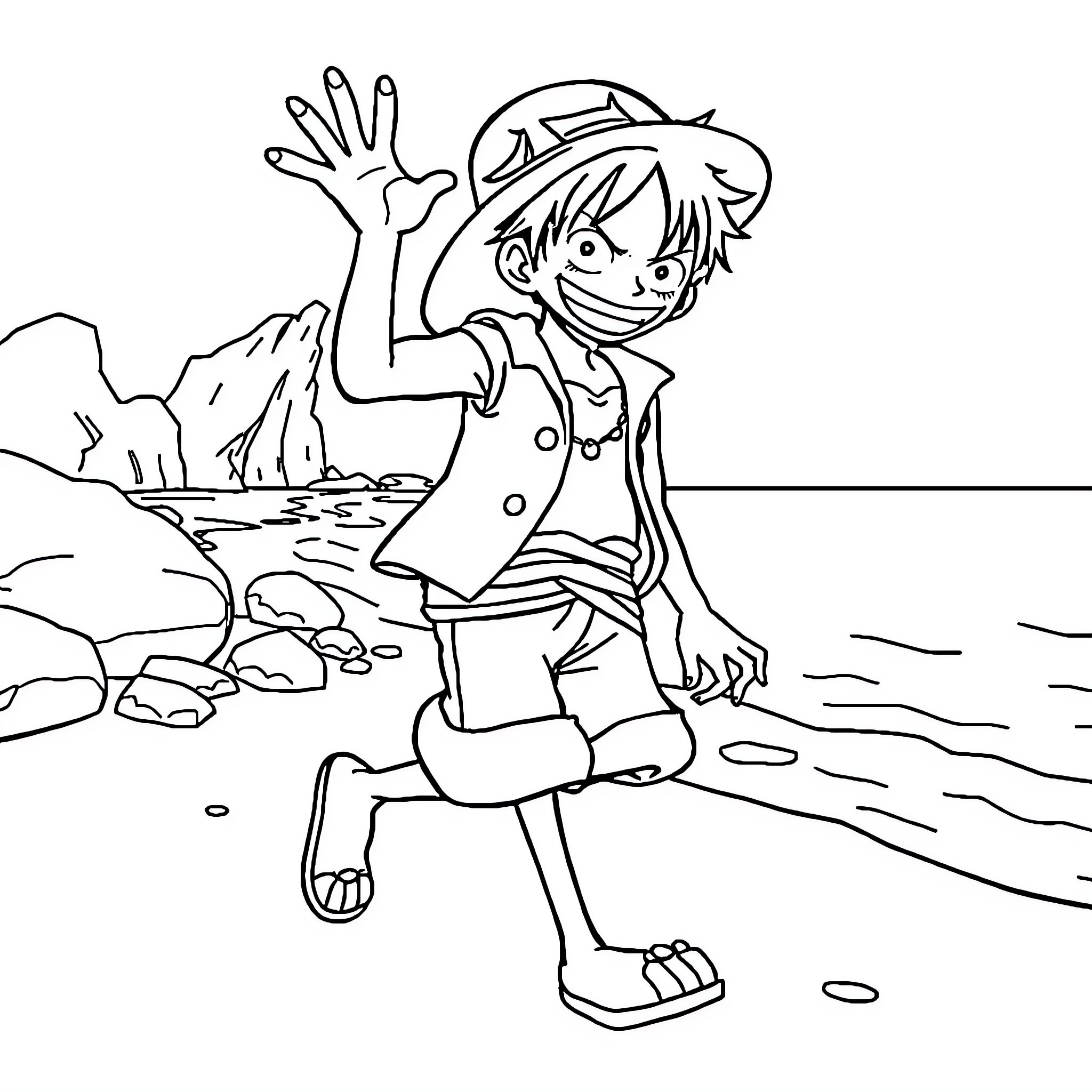 Luffy Exploring the Wilderness with Excitement Coloring Page (free black-and-white line drawing printable PDF for all, from beginners to advanced learners, including children, teens, adults, and seniors)