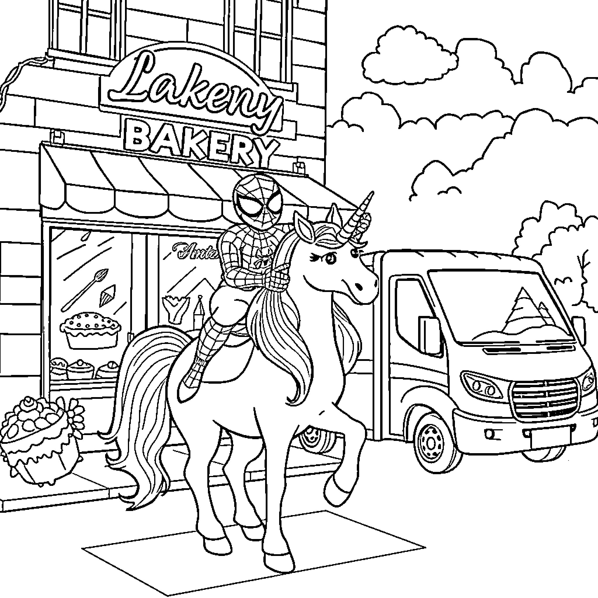 Spiderman riding a unicorn at a Bakery Coloring Page (free black-and-white line drawing printable PDF for all, from beginners to advanced learners, including children, teens, adults, and seniors)