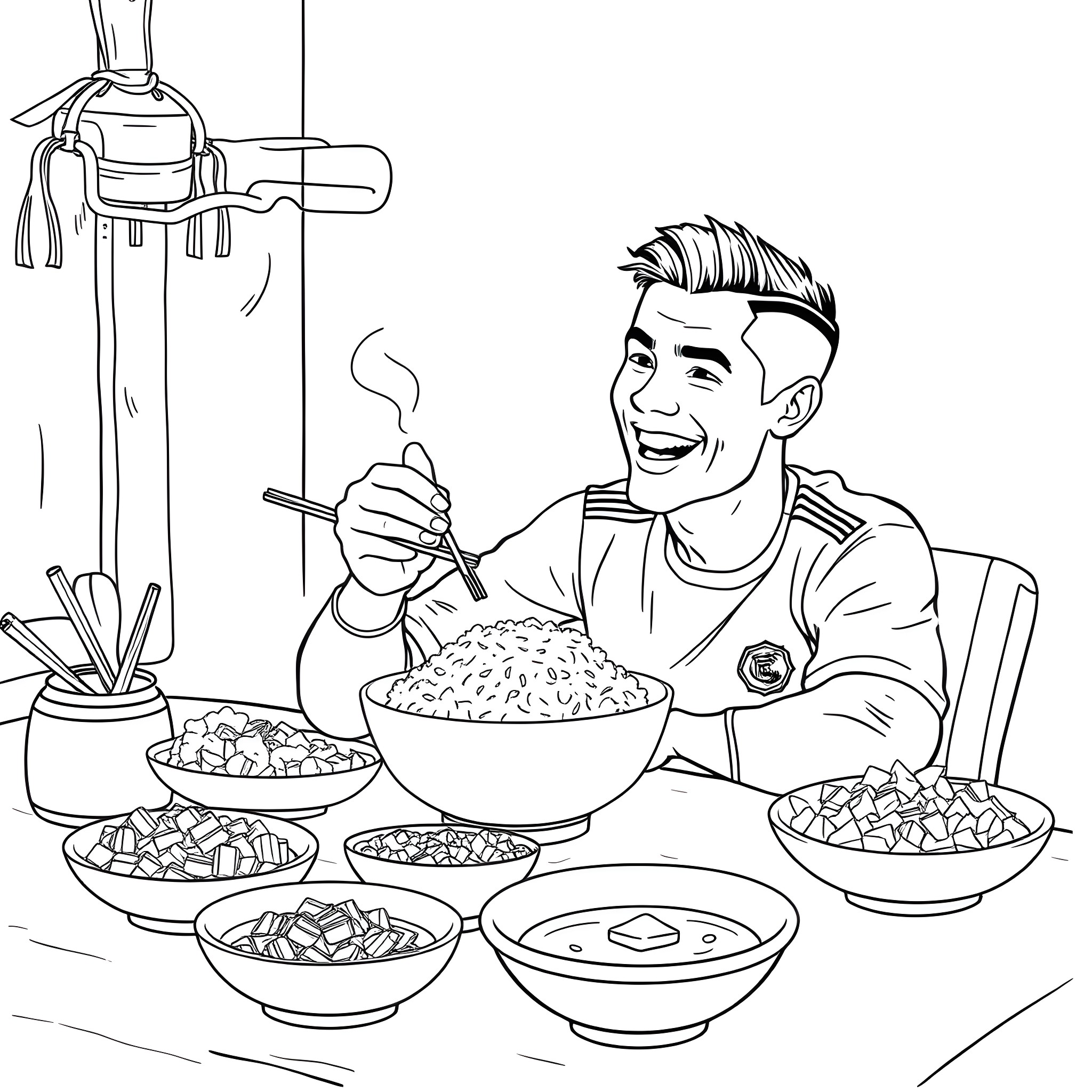 Ronaldo enjoying a hearty meal with various dishes Coloring Page (free black-and-white line drawing printable PDF for all, from beginners to advanced learners, including children, teens, adults, and seniors)