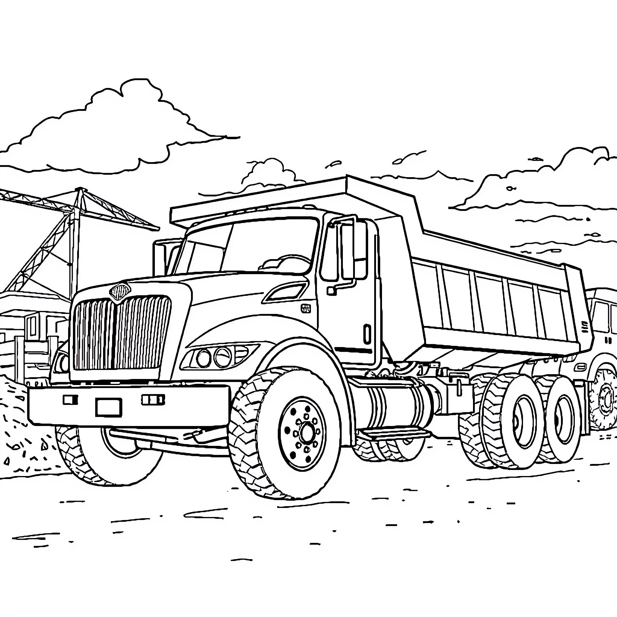 Dump Truck Transporting Heavy Load on the Road Coloring Page (free black-and-white line drawing printable PDF for all, from beginners to advanced learners, including children, teens, adults, and seniors)